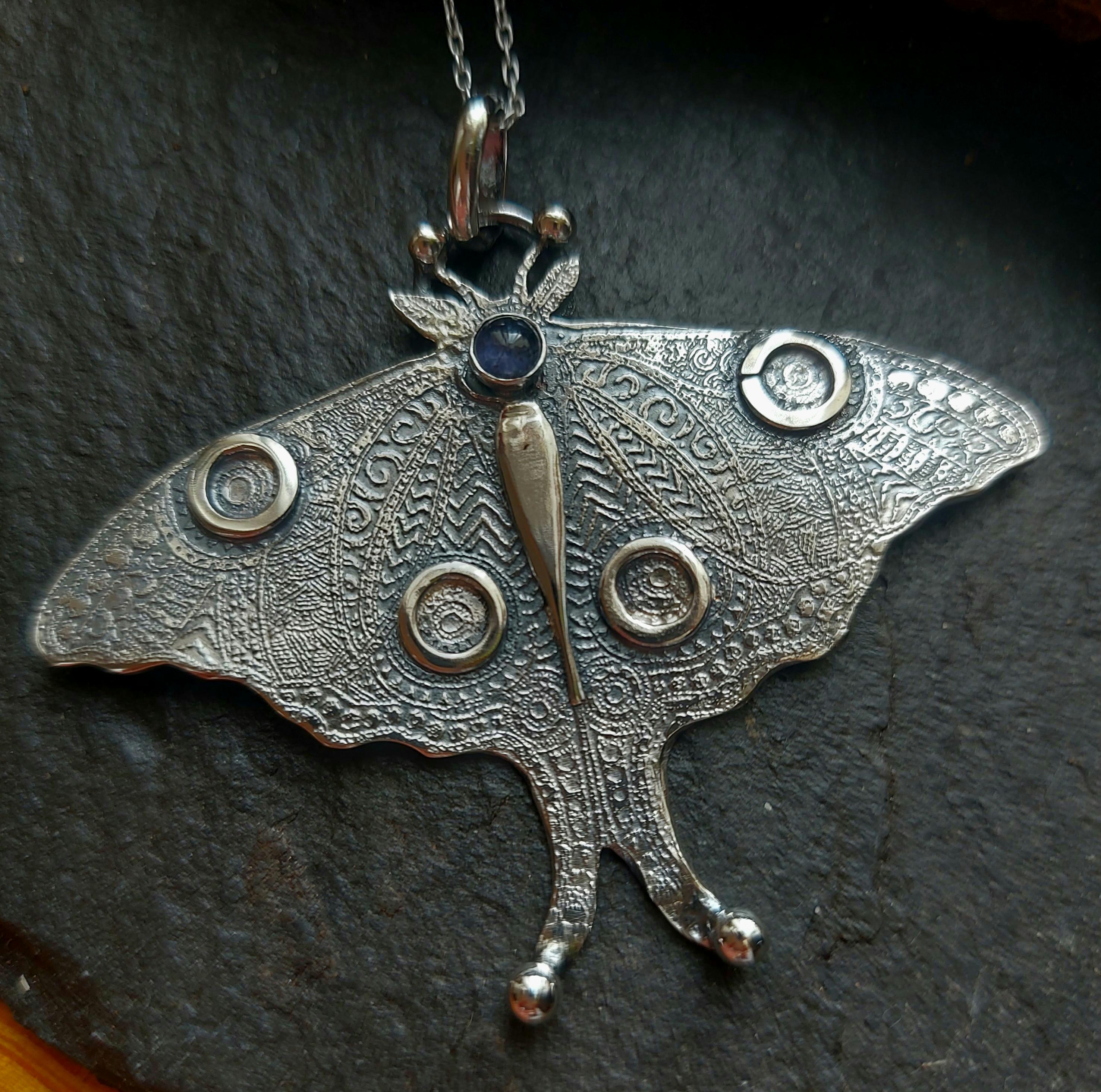 Silver Luna Moth And Iolite Etched Necklace, Butterfly Necklace In Sterling Silver Silver Luna Moth And Iolite Etched Necklace, Butterfly Necklace In Sterling Silver