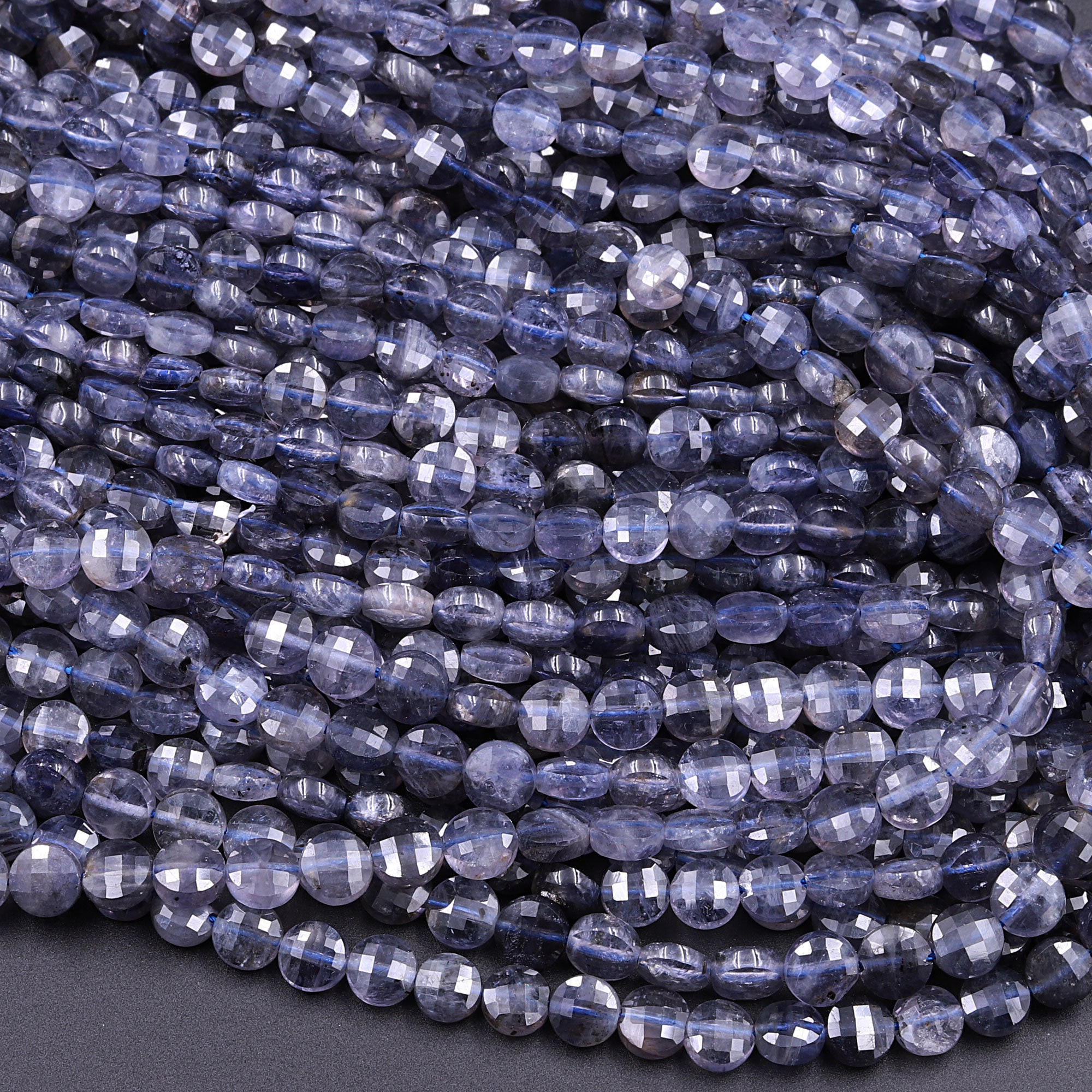 Faceted 4mm 6mm Iolite Coin Beads Flat Disc Dazzling Facets Natural Gemstone 15.5" Strand