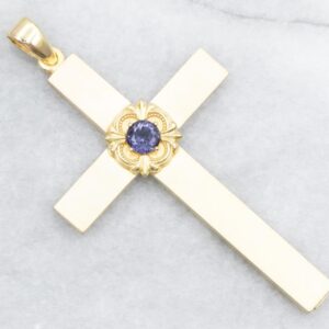 Antique 14K Gold Iolite Cross Pendant, Gothic Revival Antique 14K Gold Iolite Cross Pendant, Gothic Revival