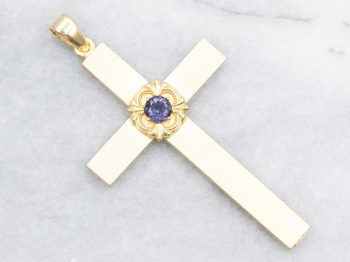 Antique 14k Gold Iolite Cross Pendant, Gothic Revival