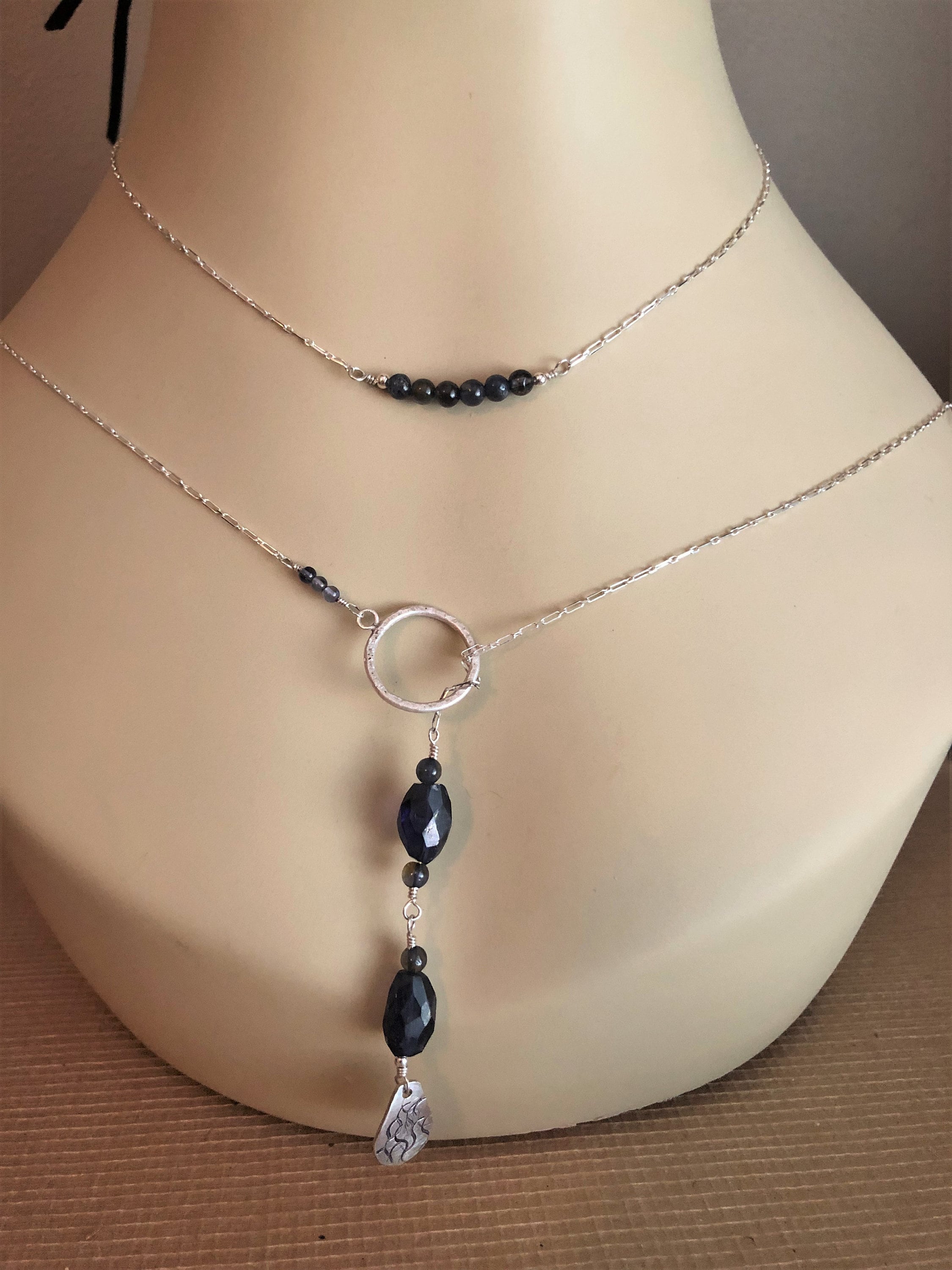 Iolite Beaded Sterling Silver Necklace Set: Lariat Pendant & Bar Necklace Iolite Beaded Sterling Silver Necklace Set: Lariat Pendant & Bar Necklace