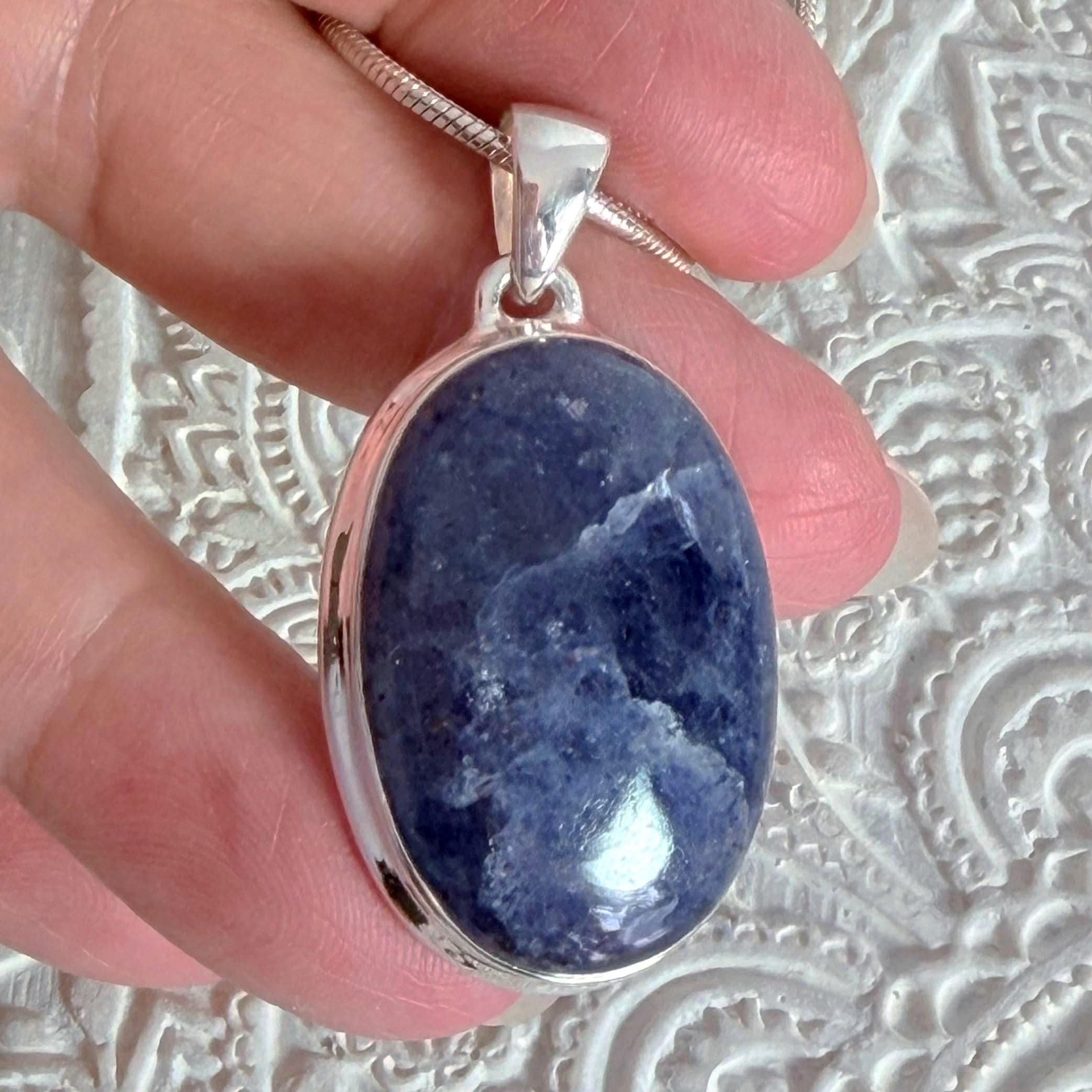 Blue Iolite Oval Pendant, Sterling Silver Setting, Unisex Jewelry
