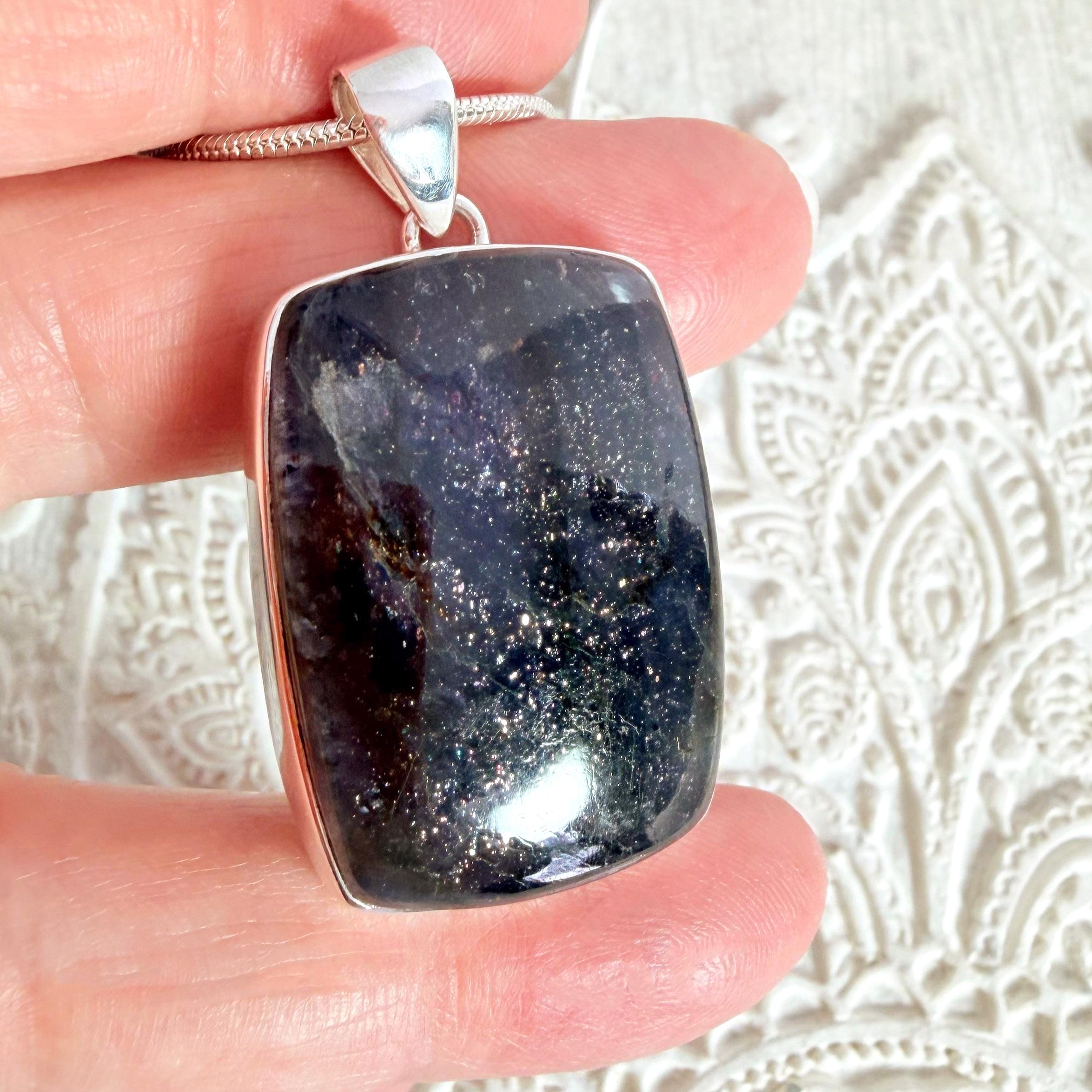 Blue Iolite Rectangular Pendant, Sterling Silver Setting, Unisex Jewelry Blue Iolite Rectangular Pendant, Sterling Silver Setting, Unisex Jewelry