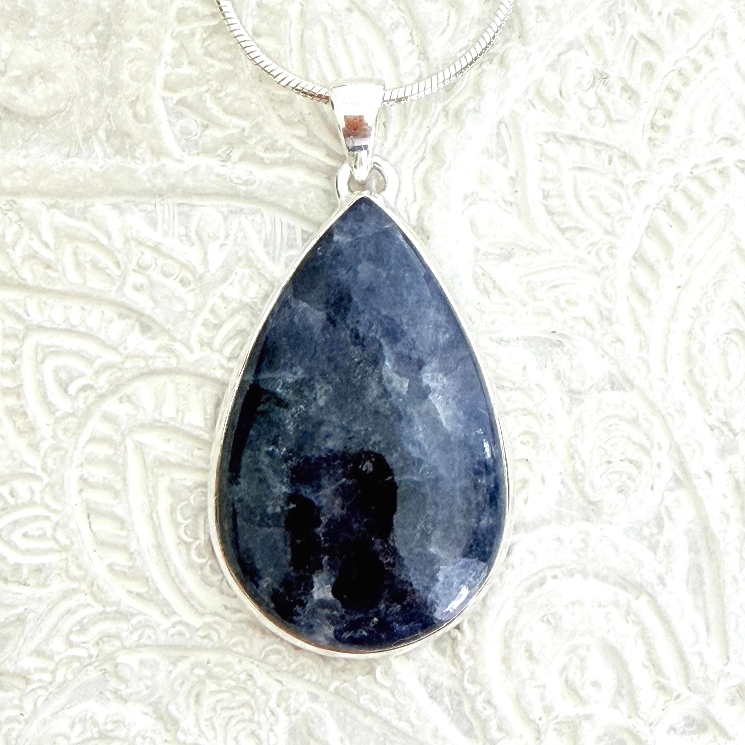 Blue Iolite Teardrop Pendant, Sterling Silver Setting, Unisex Jewelry
