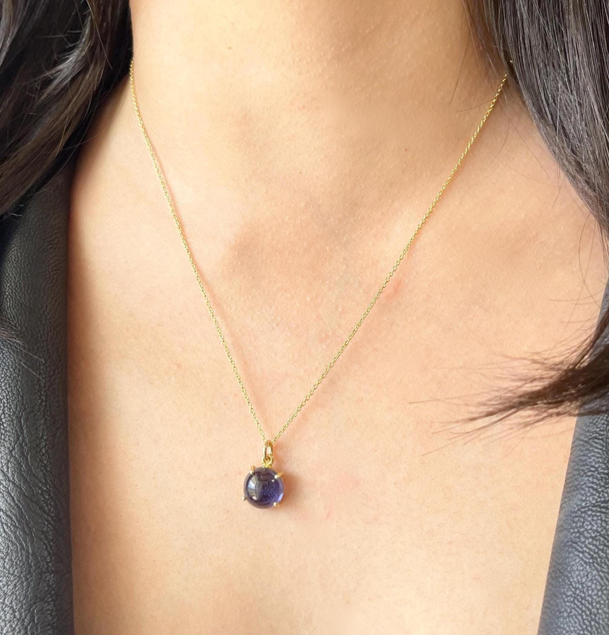 Iolite Cabochon Necklace, Dark Purple Iolite Round Pendant, Periwinkle Layering Necklace In Gold, Minimalist Summer Necklace, Gift For Her Iolite Cabochon Necklace, Dark Purple Iolite Round Pendant, Periwinkle Layering Necklace In Gold, Minimalist Summer Necklace, Gift For Her