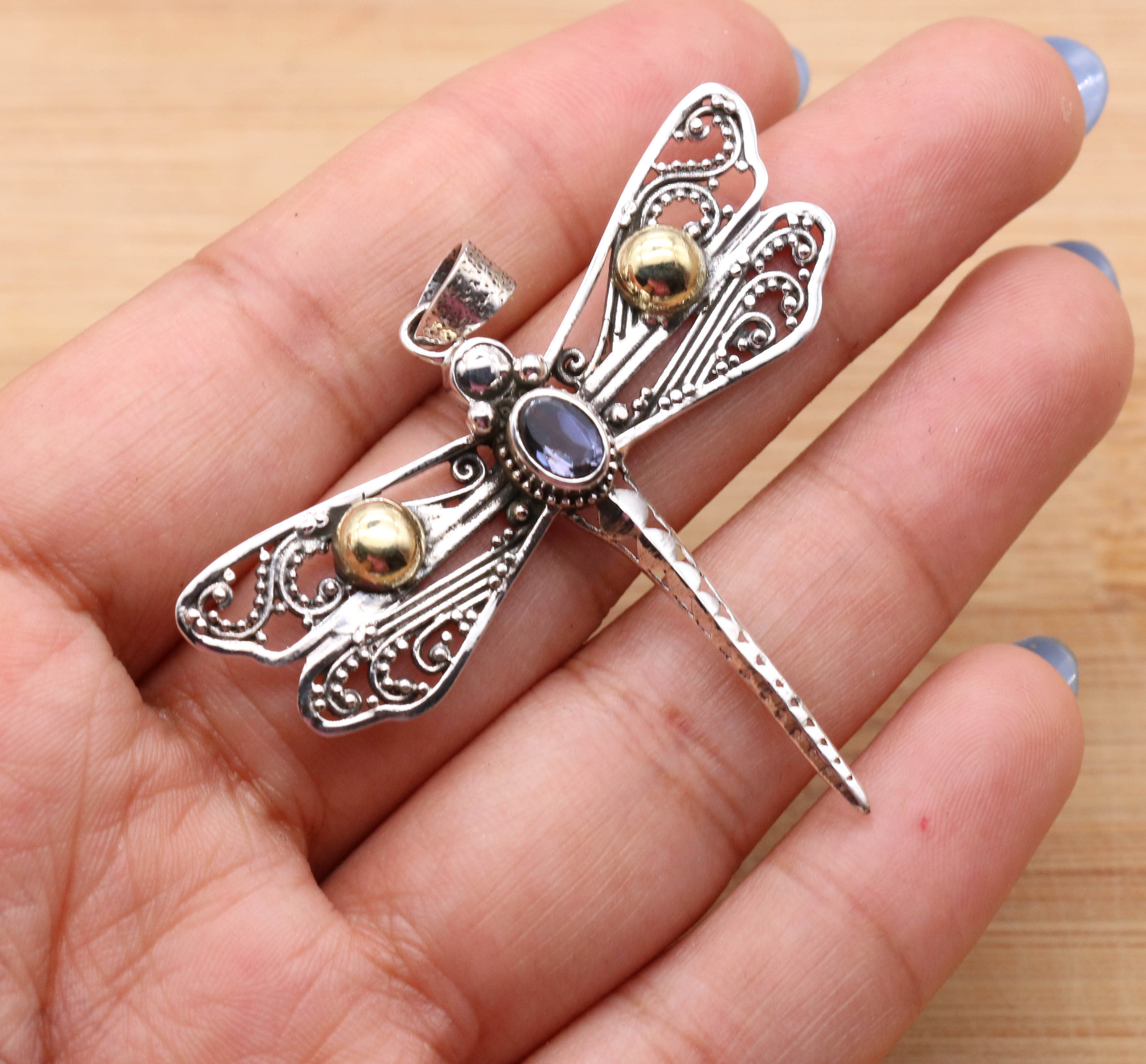 Iolite Dragonfly Pendant: 925 Sterling Silver, Handmade Jewelry
