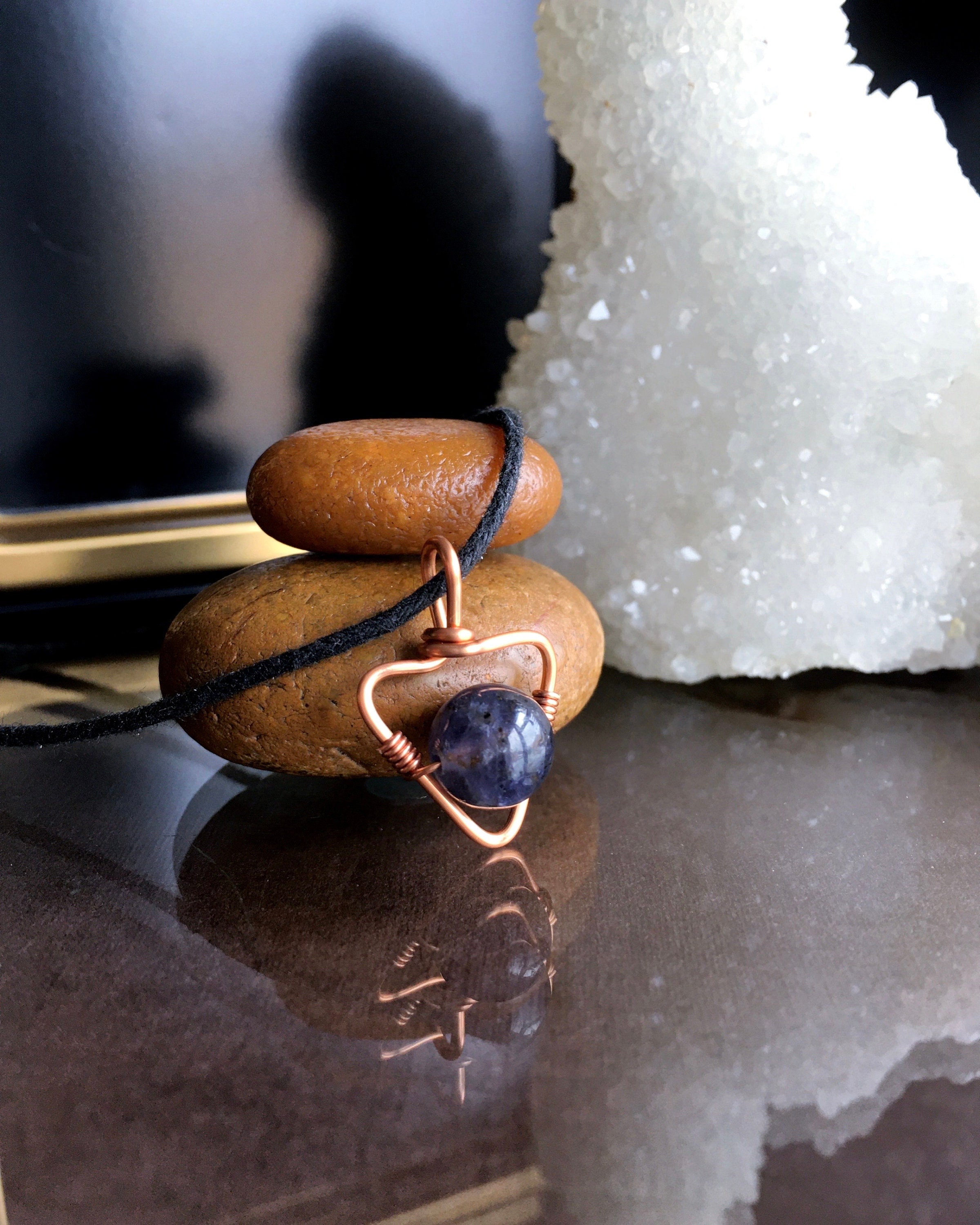 Handmade Iolite Pendant Necklace, Copper Wire Wrapped, Gift Box Handmade Iolite Pendant Necklace, Copper Wire Wrapped, Gift Box