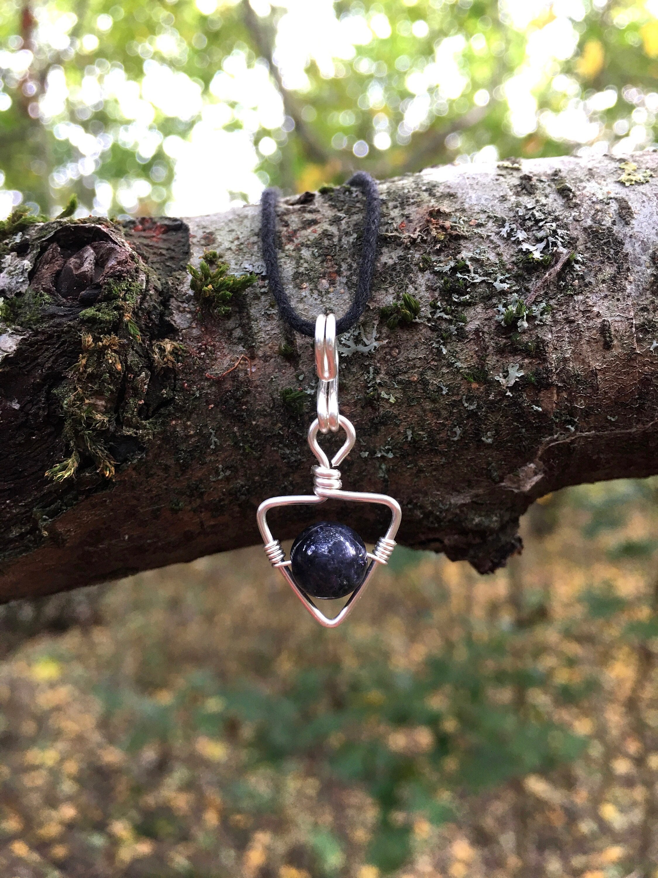 Minimalist Iolite Necklace: Handmade Triangle Pendant, Waxed Cotton Cord