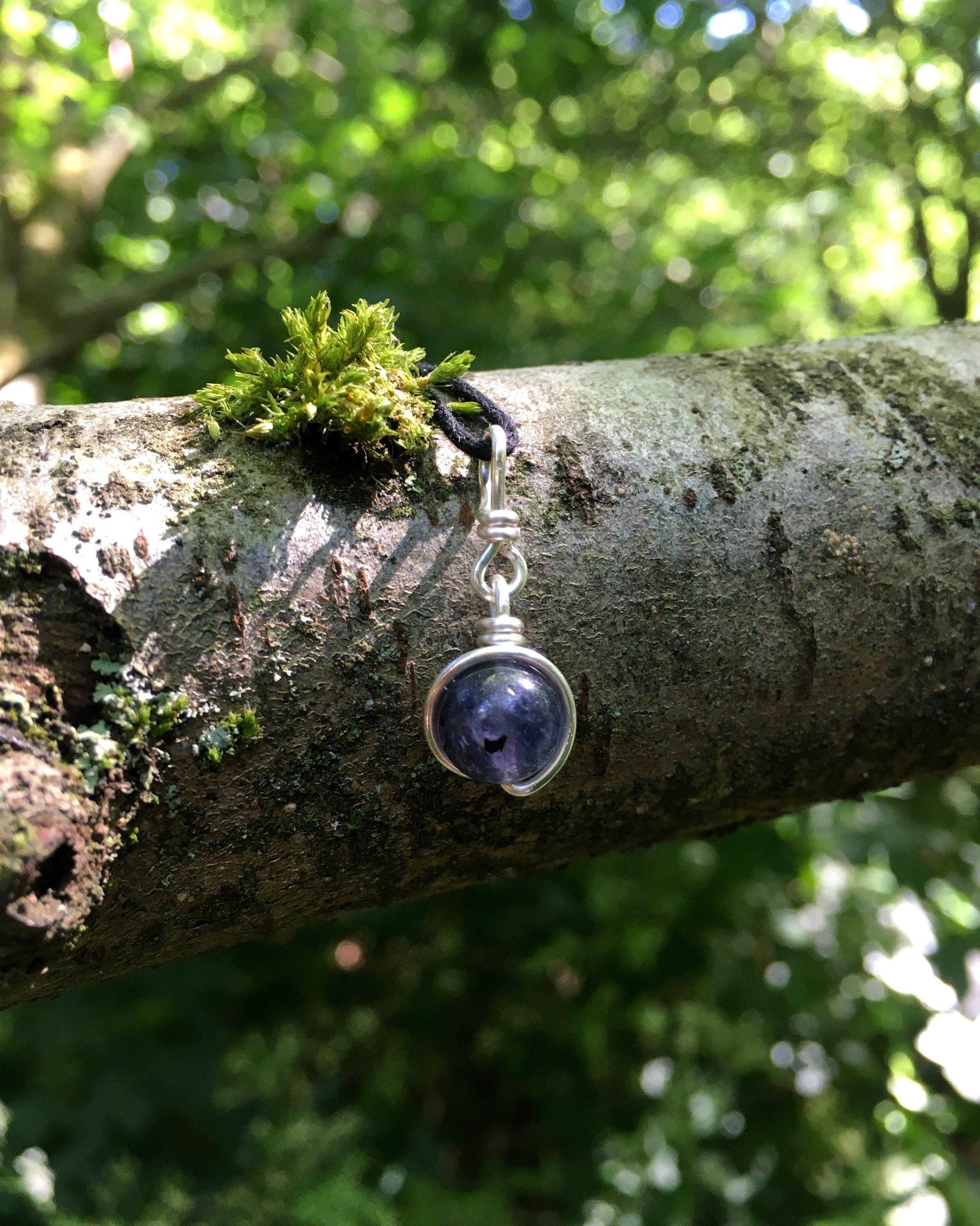 Minimalist Iolite Necklace: Wire Wrapped Gemstone Pendant