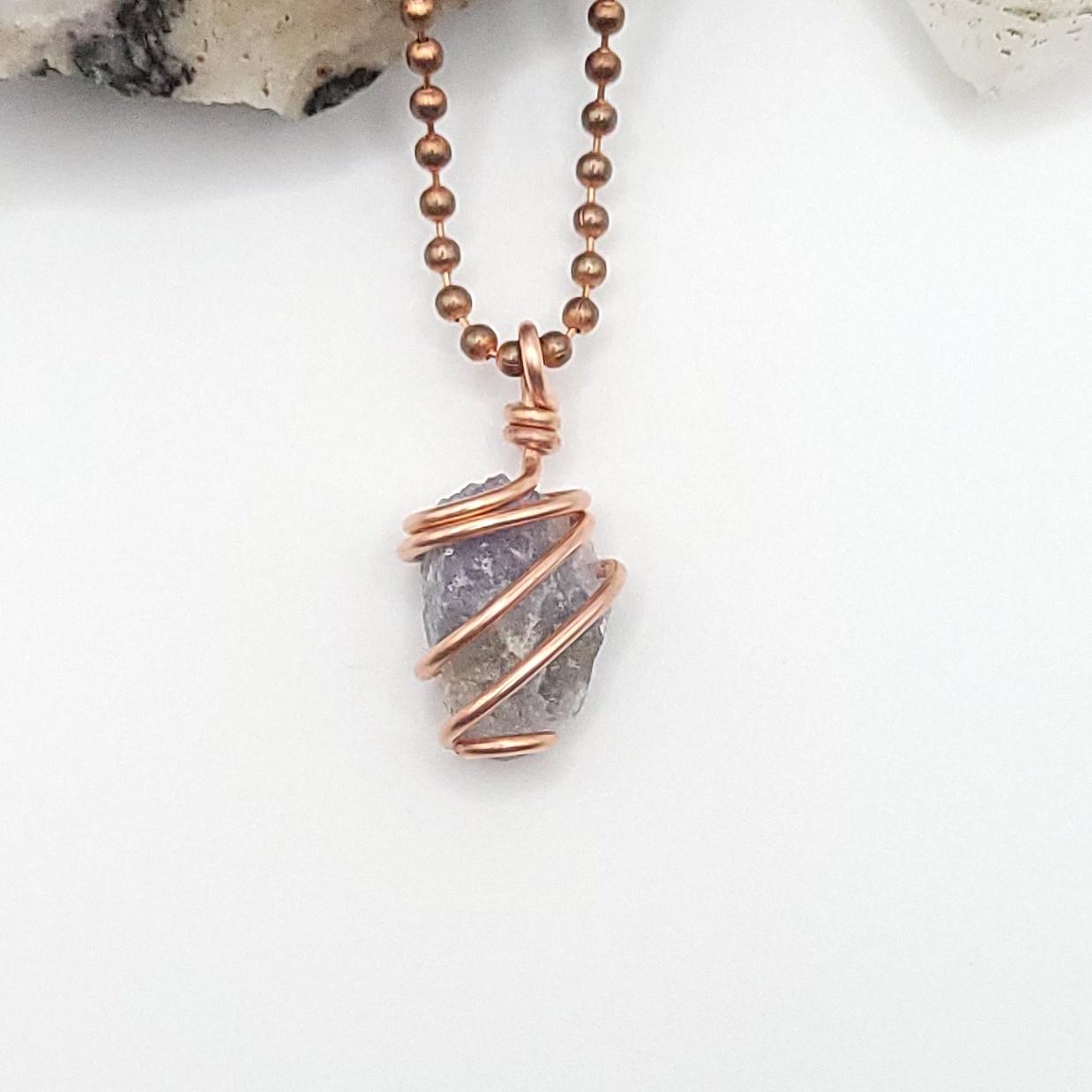 Raw Iolite Necklace, Copper Wire Wrapped Iolite Pendant