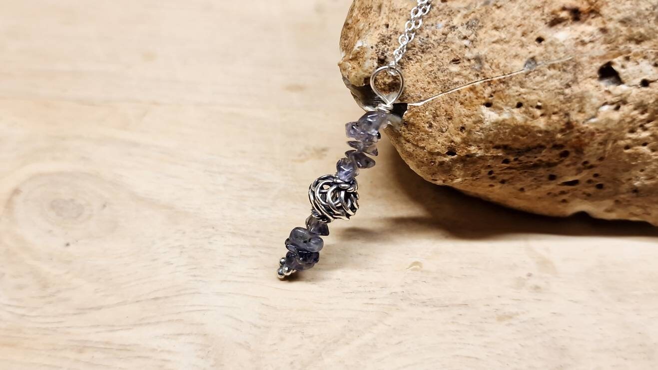 Small Iolite Pendant Necklace. Bali Silver. Reiki Jewelry Uk. 21st Anniversary Gemstone