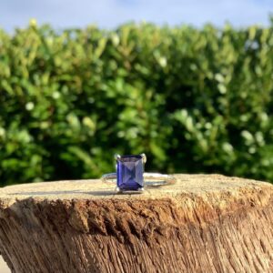 Iolite Gemstone Sterling Silver Ring: Dainty Hammered Band Iolite Gemstone Sterling Silver Ring: Dainty Hammered Band