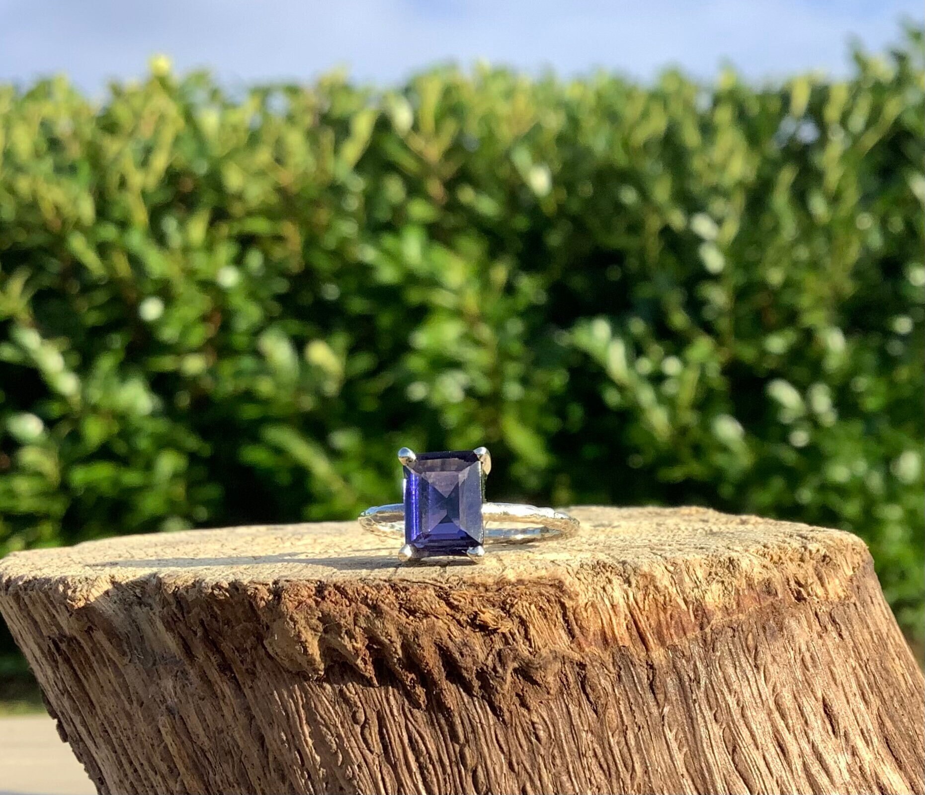 Iolite Gemstone Sterling Silver Ring: Dainty Hammered Band Iolite Gemstone Sterling Silver Ring: Dainty Hammered Band
