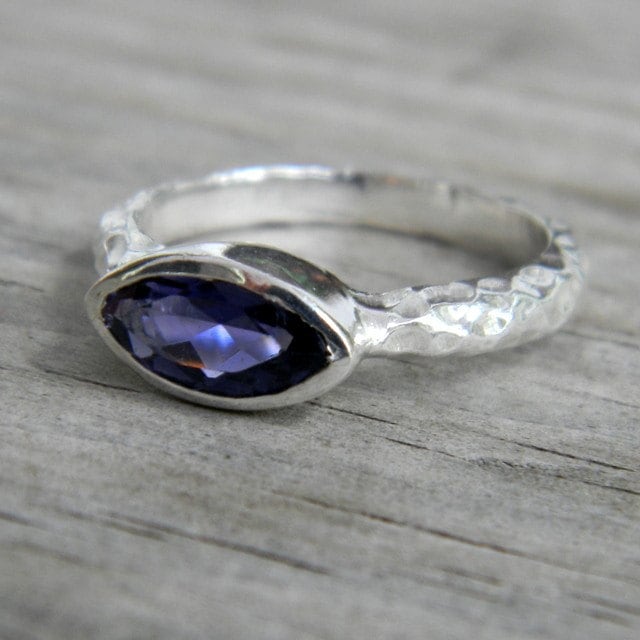 Handmade Bezel Set Iolite Ring, Hammered Sterling Silver Handmade Bezel Set Iolite Ring, Hammered Sterling Silver