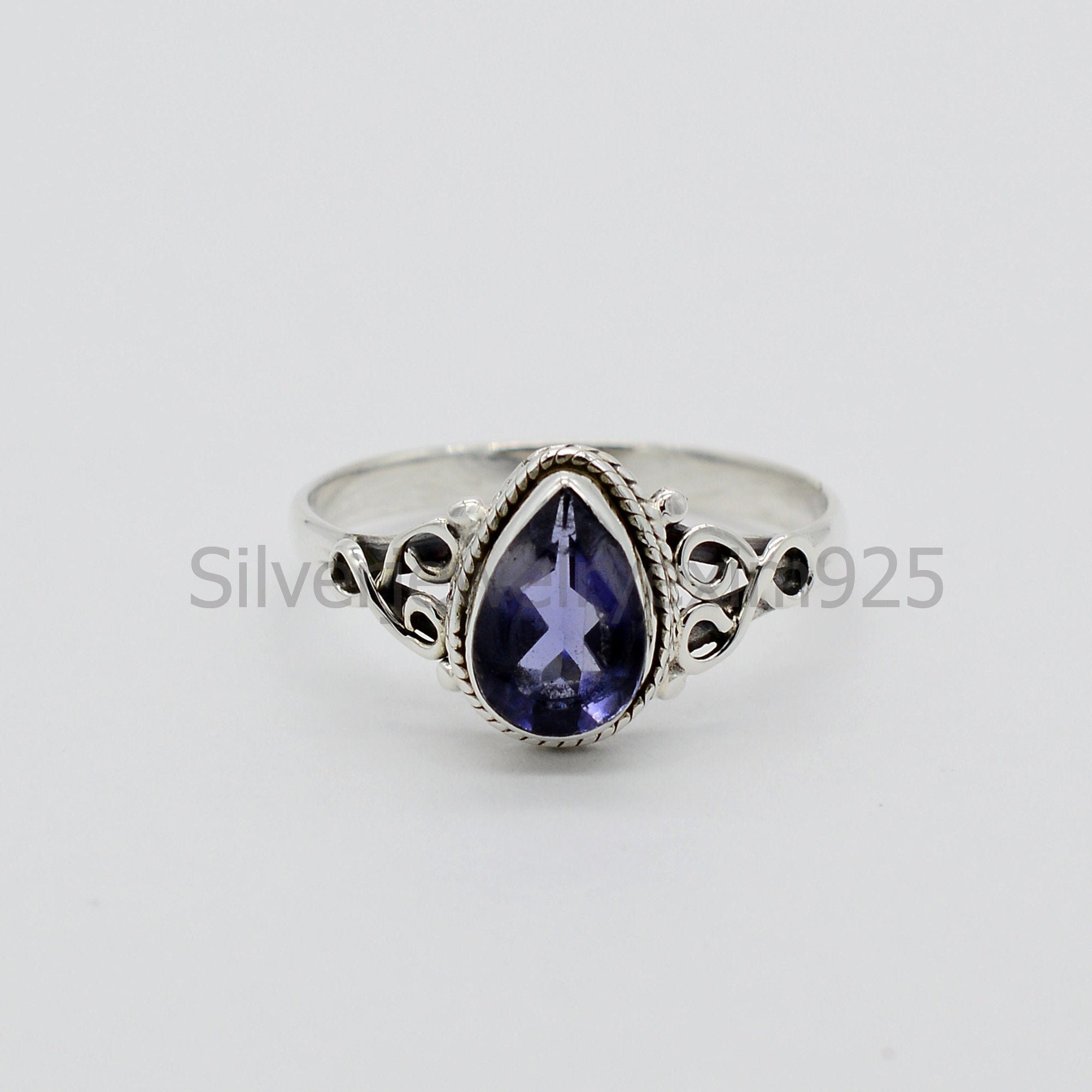 Handmade Pear Iolite Ring: Dainty Sterling Silver Boho Ring Handmade Pear Iolite Ring: Dainty Sterling Silver Boho Ring