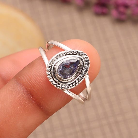 Handmade Pear Iolite Ring, Sterling Silver Anniversary Gift