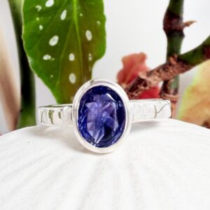 Oval Iolite Gemstone Ring, Sterling Silver Band, Blue Stone Jewelry