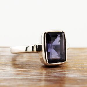 Rectangular Iolite Ring: Flat Top Sterling Silver Unisex Band Rectangular Iolite Ring: Flat Top Sterling Silver Unisex Band