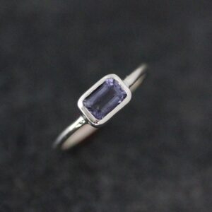 Water Sapphire Ring, Iolite Rectangular Octagon Stacking Rings, Periwinkle Blue Gemstone Solitaire Ring With Low Profile