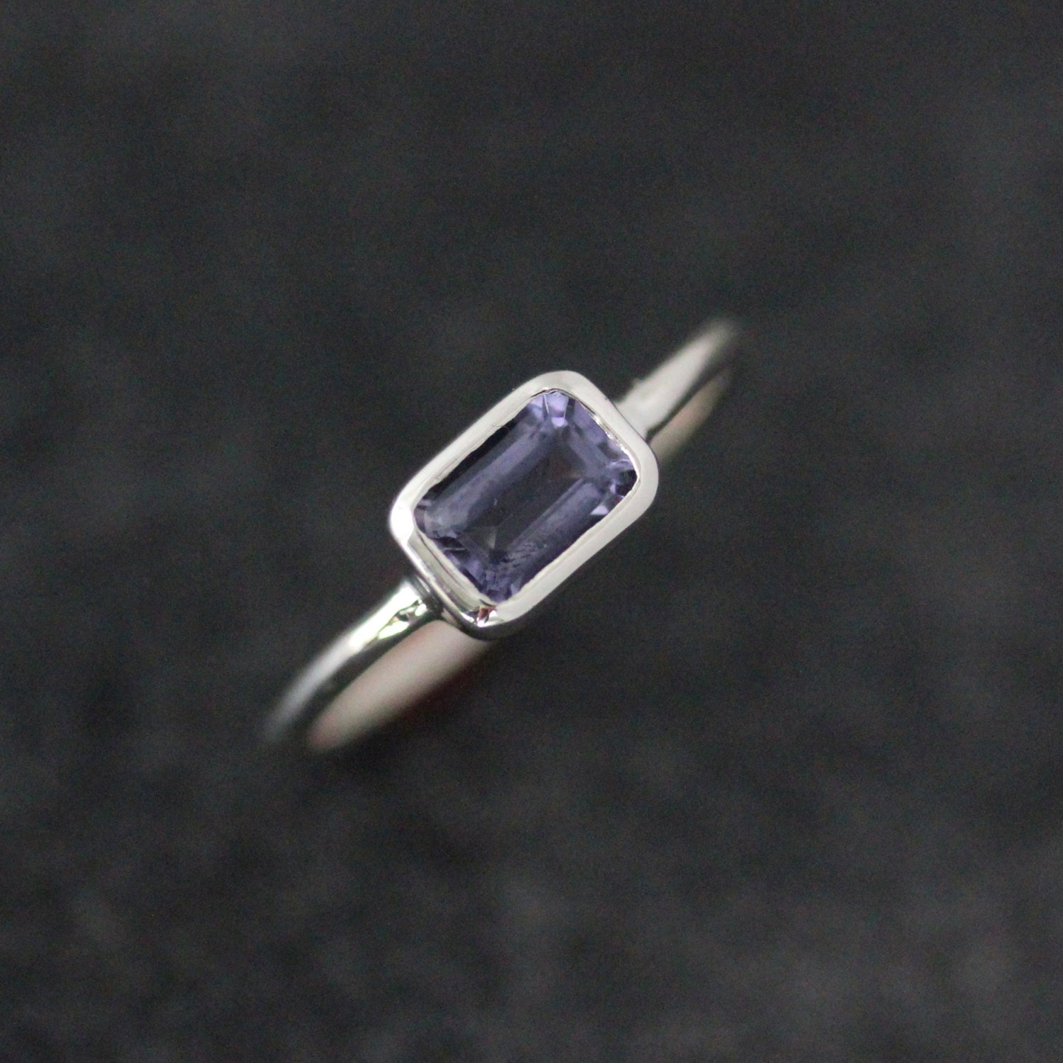 Water Sapphire Ring, Iolite Rectangular Octagon Stacking Rings, Periwinkle Blue Gemstone Solitaire Ring With Low Profile Water Sapphire Ring, Iolite Rectangular Octagon Stacking Rings, Periwinkle Blue Gemstone Solitaire Ring With Low Profile