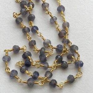 3.5mm Iolite Faceted Rondelle Beads In 925 Silver Gold Wire Wrapped Rosary Style Chain, Iolite Beaded Chain ( 1 Foot To 10 Feet Options)