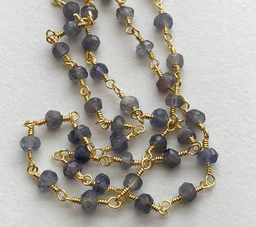 3.5mm Iolite Faceted Rondelle Beads In 925 Silver Gold Wire Wrapped Rosary Style Chain, Iolite Beaded Chain ( 1 Foot To 10 Feet Options)
