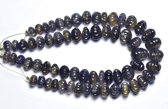 Beautiful Big Iolite Carved Melon Beads - 7 Inches - Natural Hand Carved Iolite Carving Rondelles,size Is 7-10mm #365