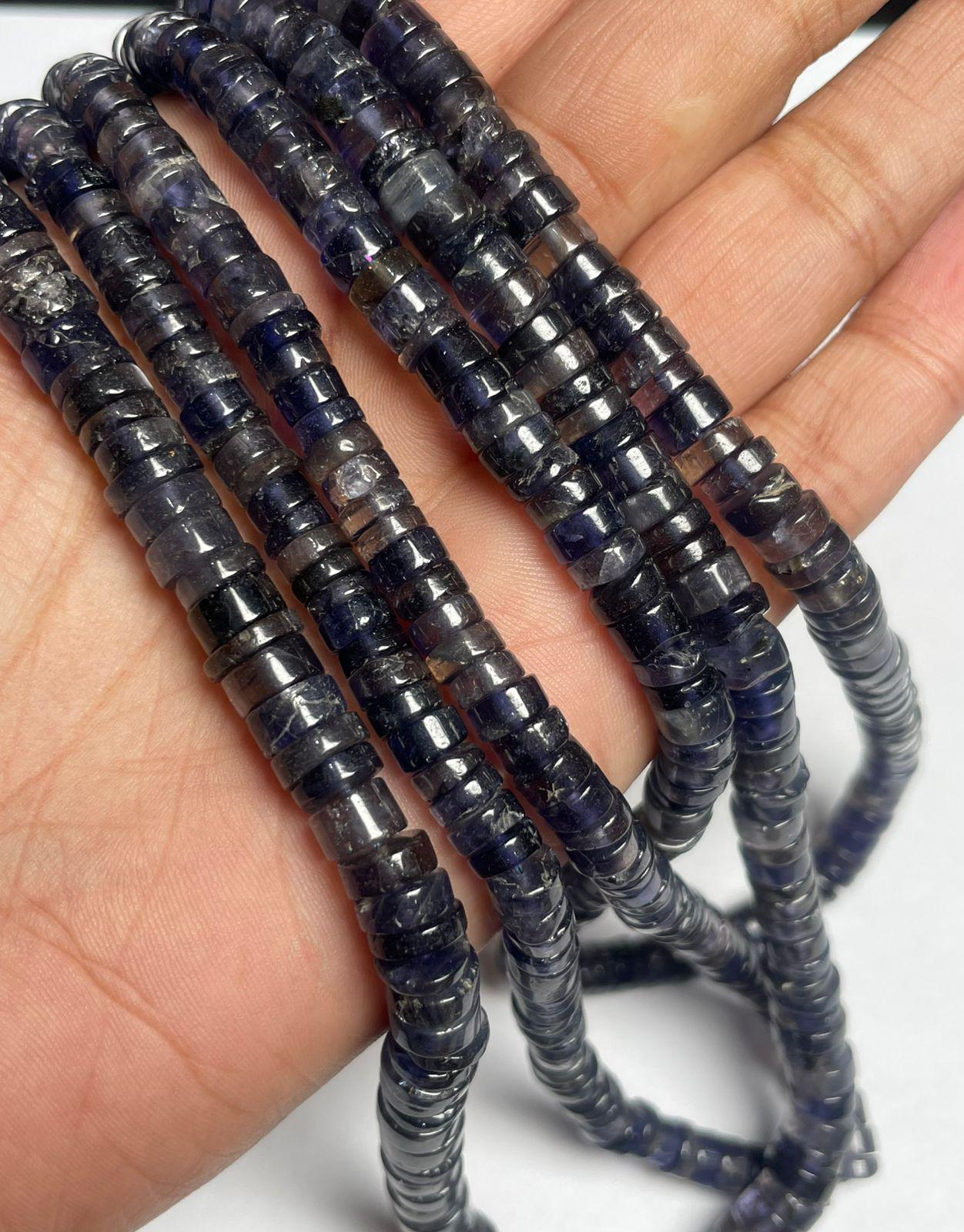 Natural Iolite Smooth Tyre Shape Gemstone Beads Size- 6-7.5 Mm, 16 Inch Strand For Making Jewelry