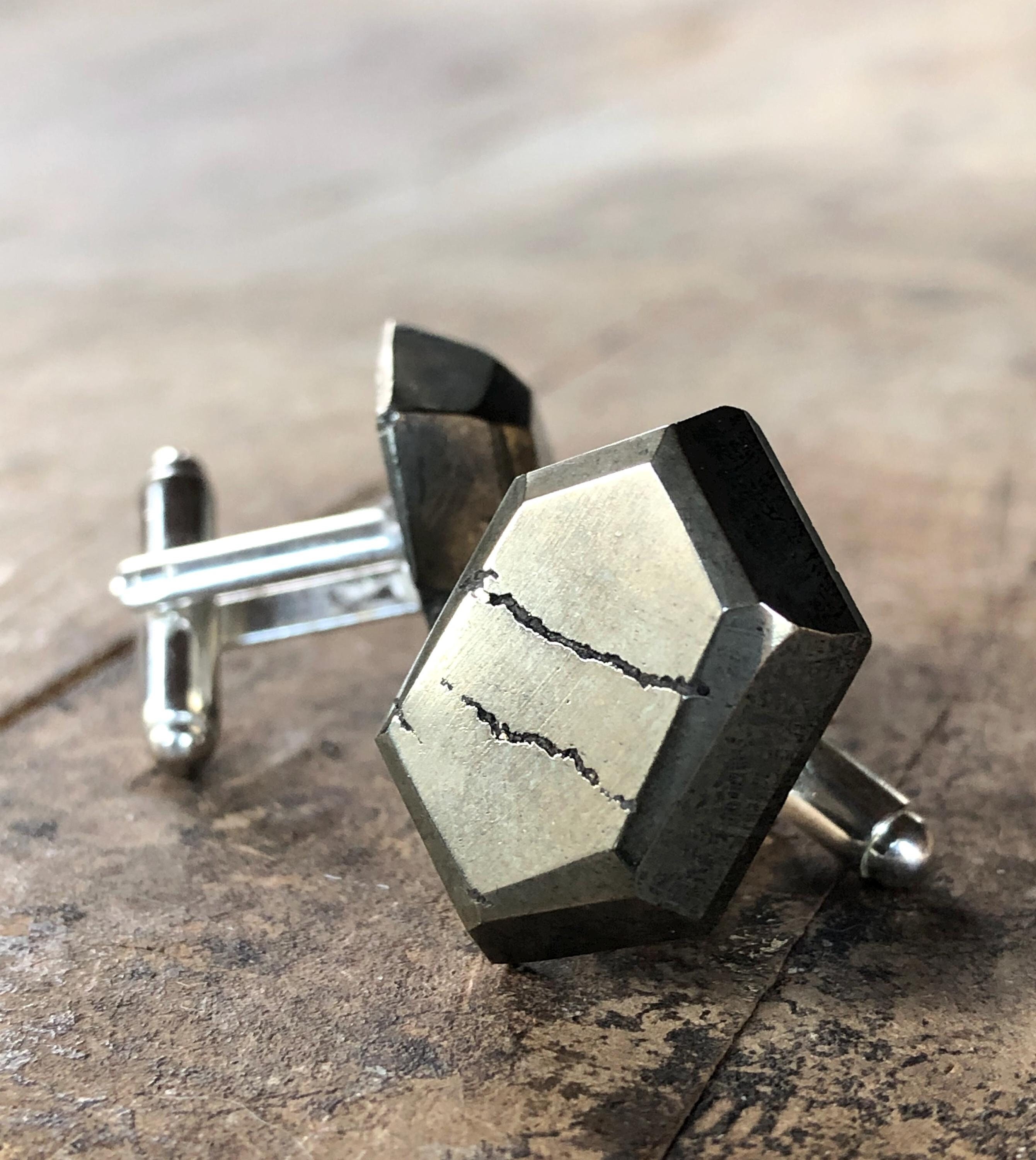 Iron Pyrite Cufflinks. Fool's Gold Hexagon Gemstone Cuff Links. Gift For Dad, Gift For Him, Gift For Groom - Prosperity, Wealth, Good Luck