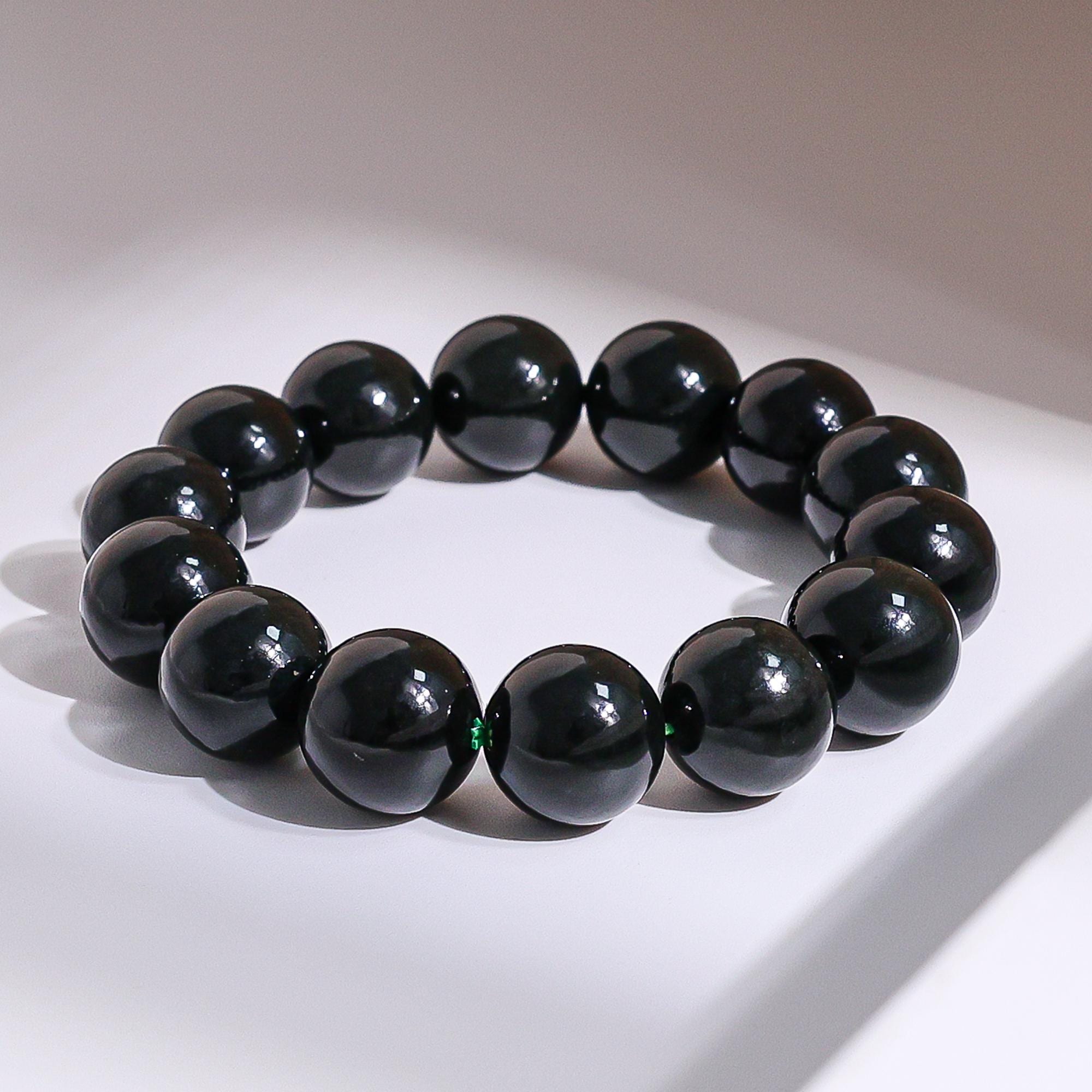 15mm Genuine Natural Dark Green Ink Jade Aaa Round Big Size Beads Gemstone Bracelet For Man And Woman,healing Crystal Bracelet