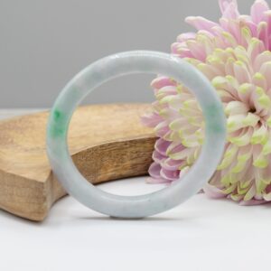 56mm White With Fei Cui Bright Green Splotches Oval Jadeite Jade Bangle Sku0115