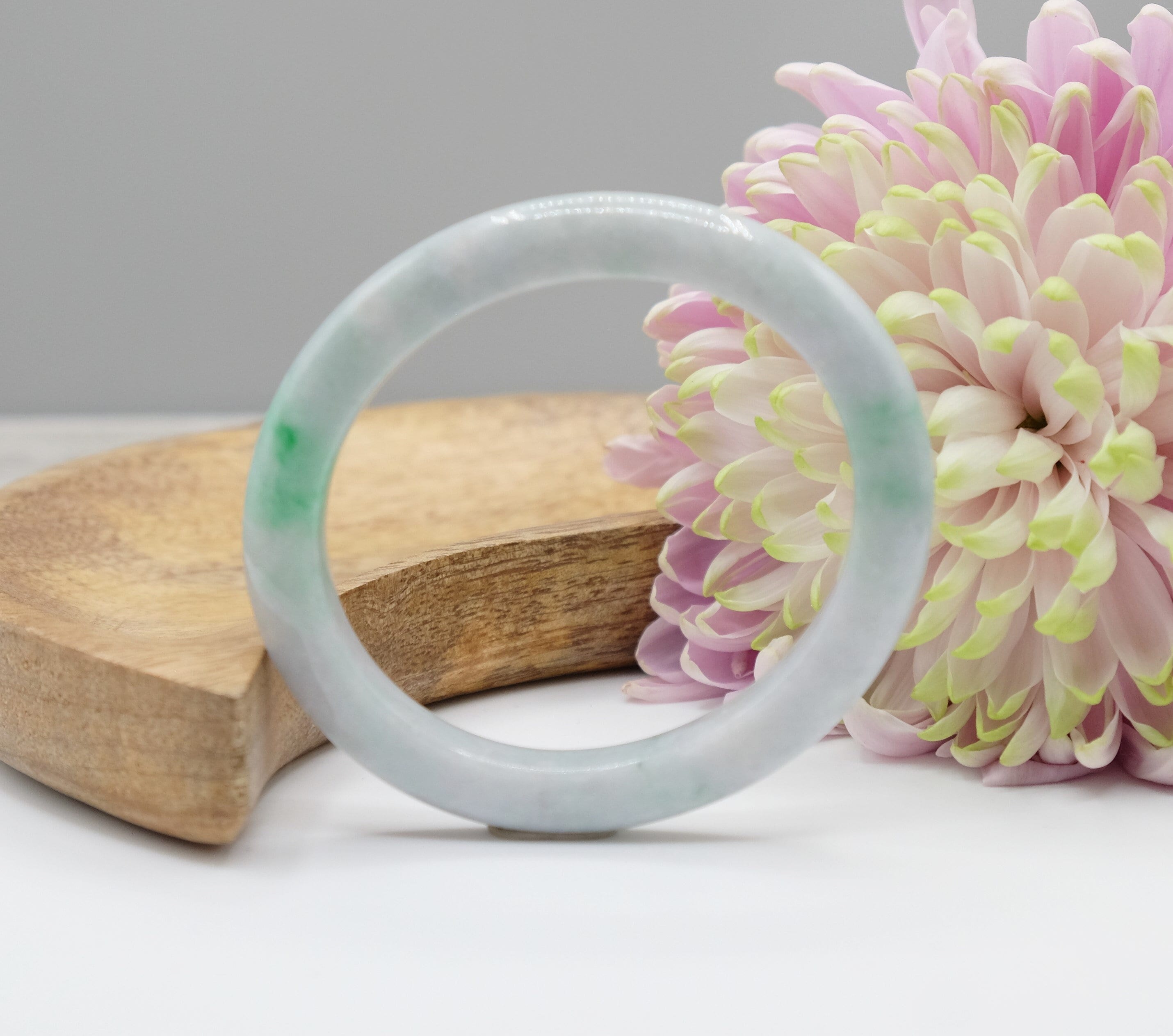 56mm White With Fei Cui Bright Green Splotches Oval Jadeite Jade Bangle Sku0115