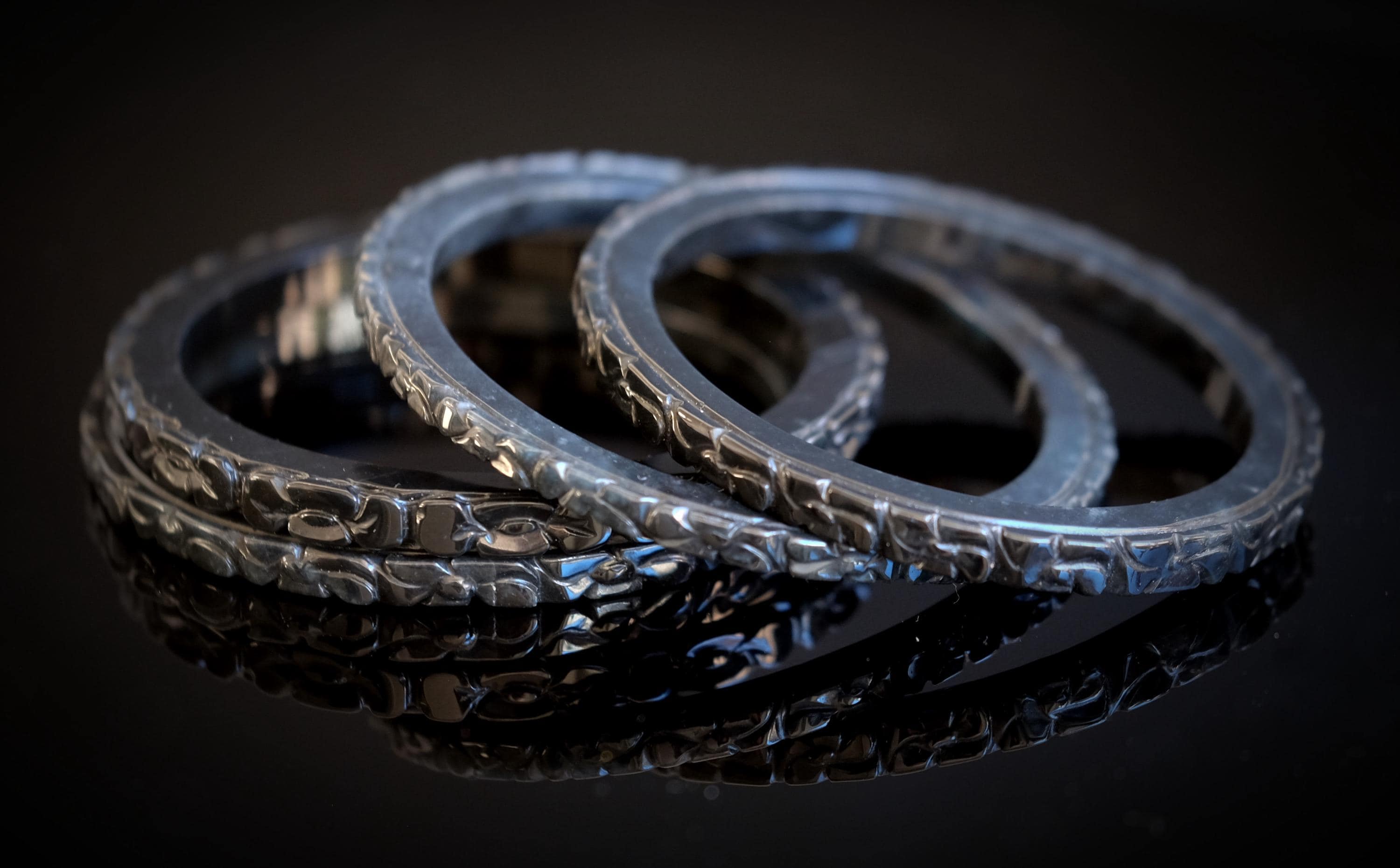 61mm, 63mm Black Burmese Jadeite Jade Bangle With Carved Flower Design