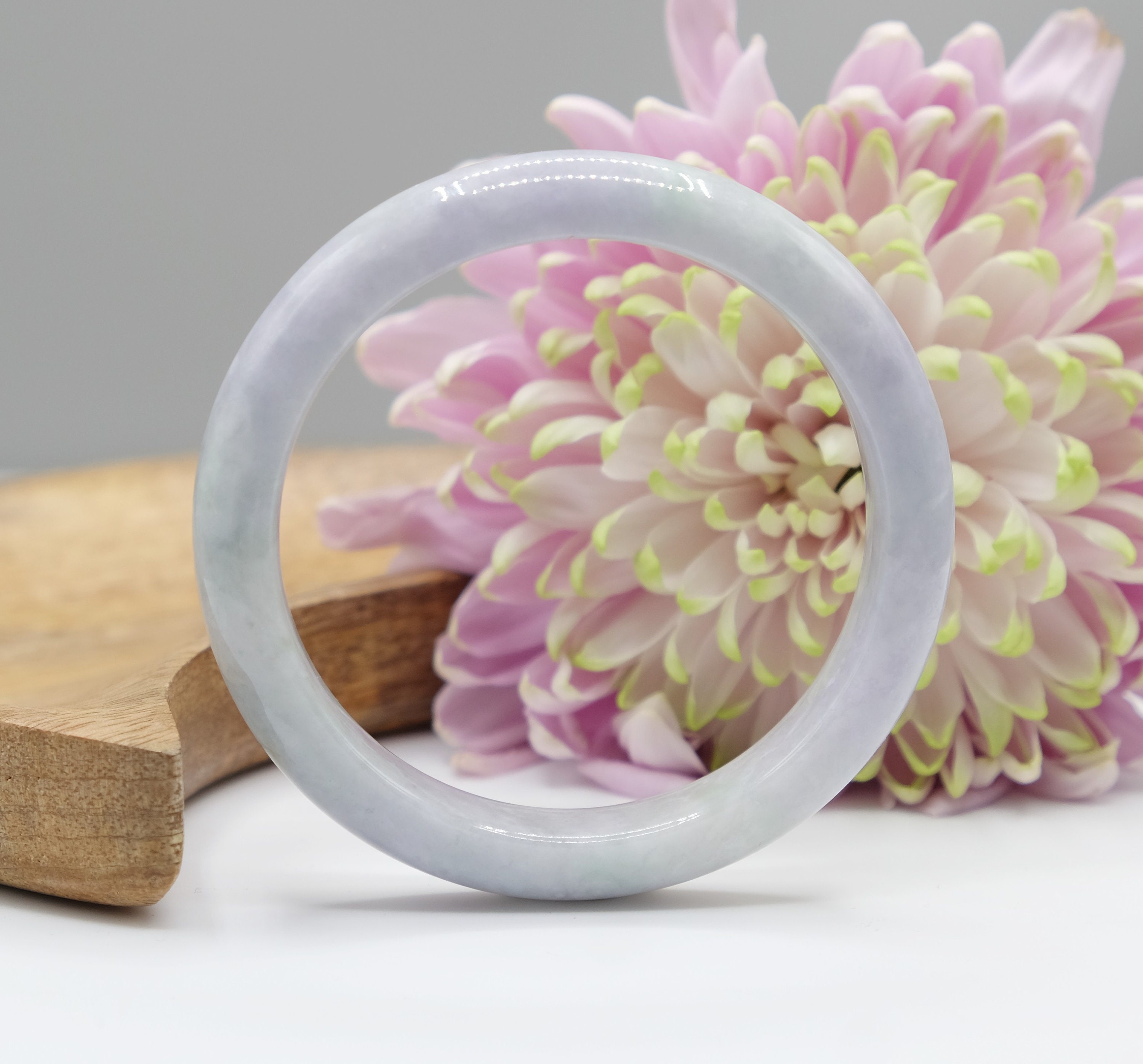 63mm Type A Burma Jadeite Jade Faint Lavender Princess Half Round Bangle Sku0117