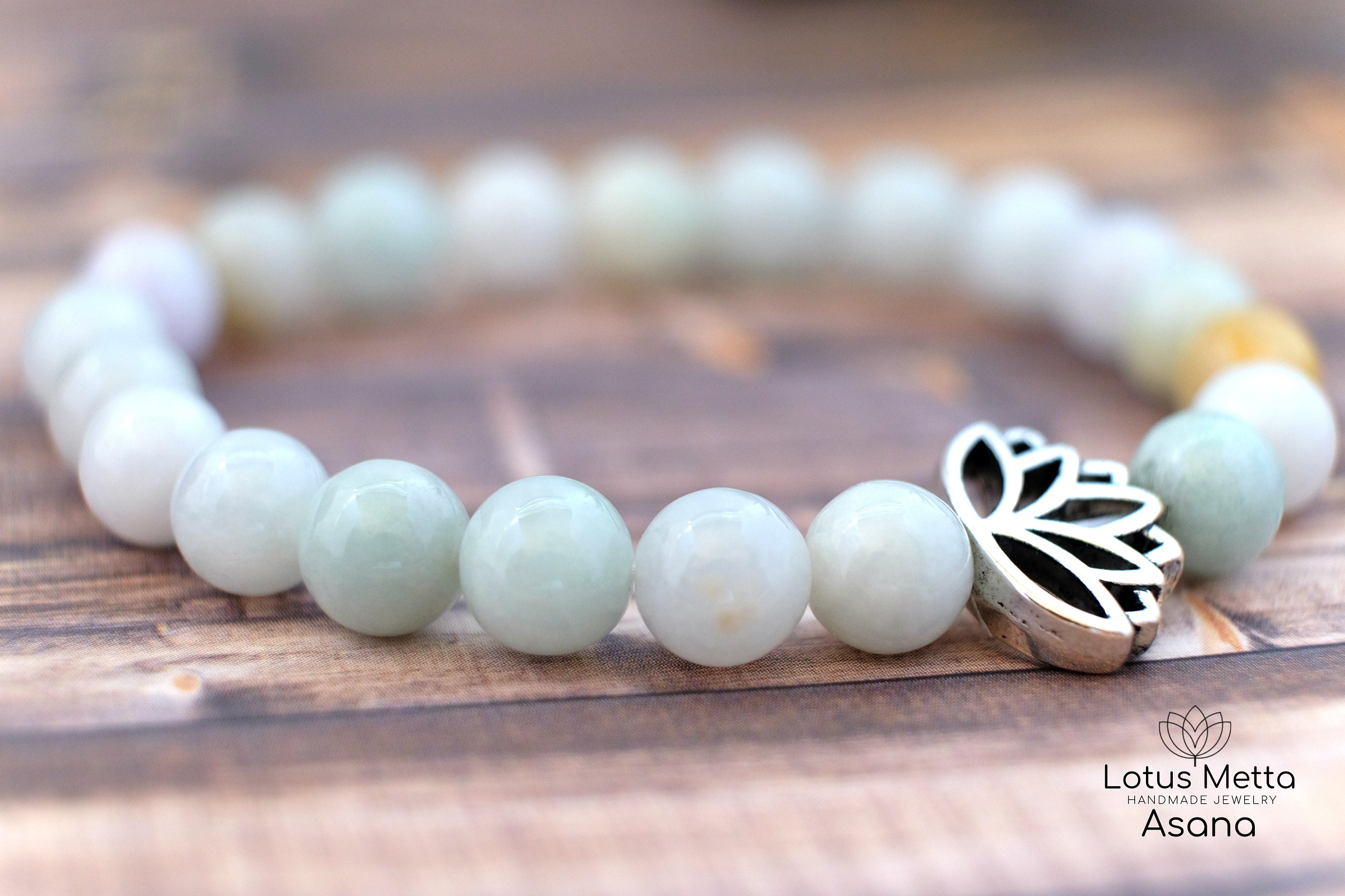 6mm Or 8mm Burmese Jade Gemstone Bracelet Optional Silver Lotus Flower Charm
