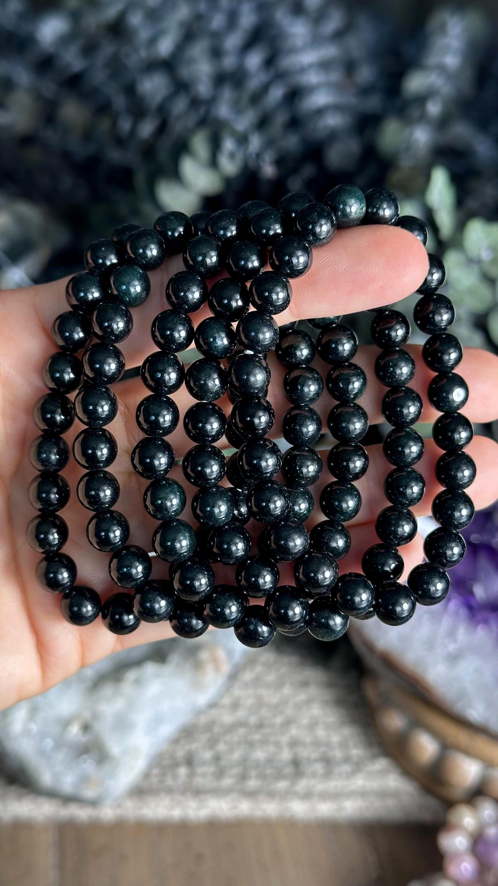 Black Green Wuji Jade Stretch Bead Bracelet, 7.5mm