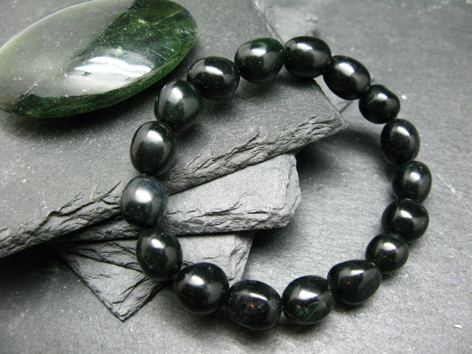 Black Jade Nephrite Genuine Bracelet ~ 7 Inches  ~ 10mm Tumbled Beads