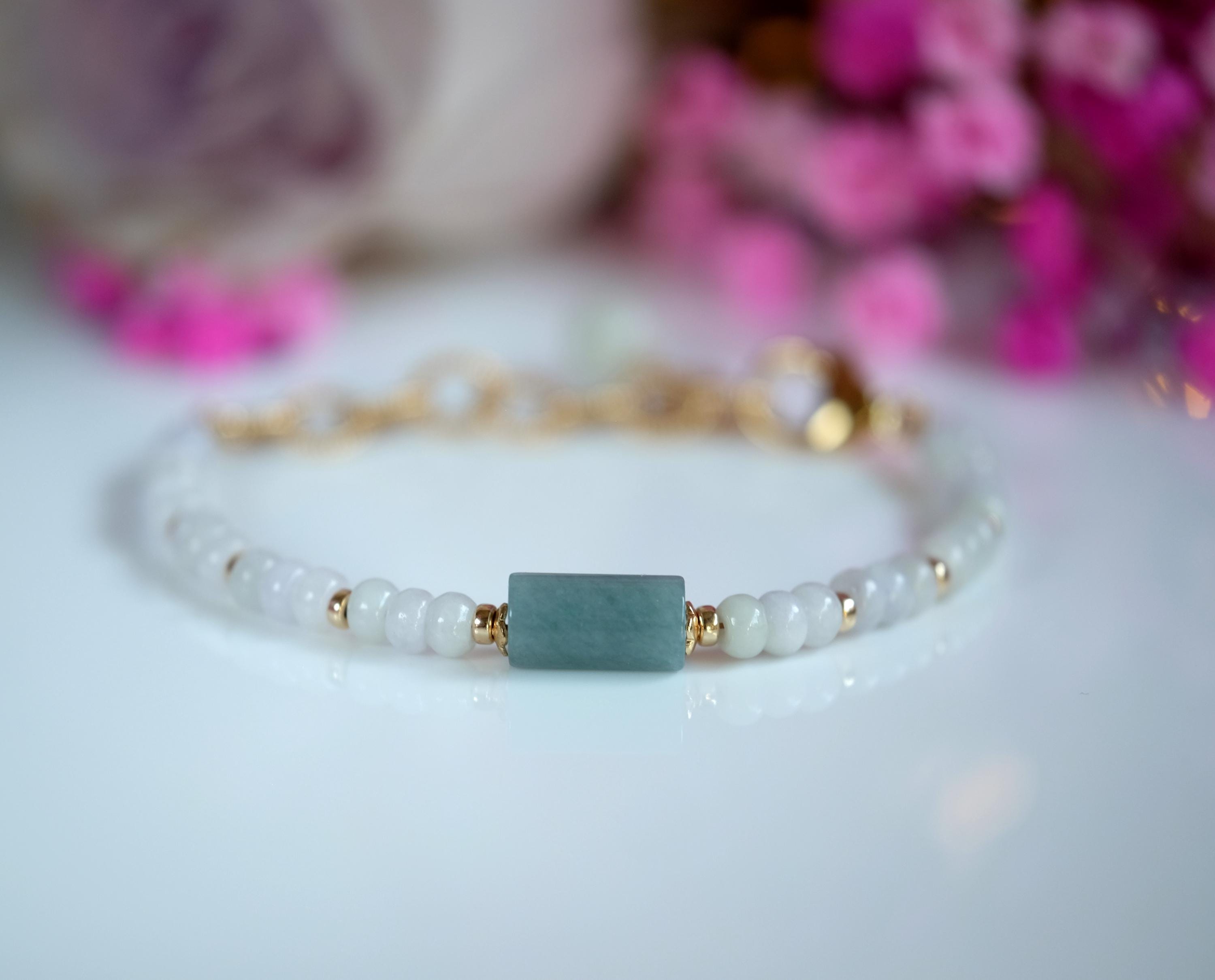 Blue Water Jade Guatemalan Jadeite Barrel Tube Bead Gold Filled Chain, Bead And Clasp. Burmese Jadeite Rondelle Beaded Bracelet