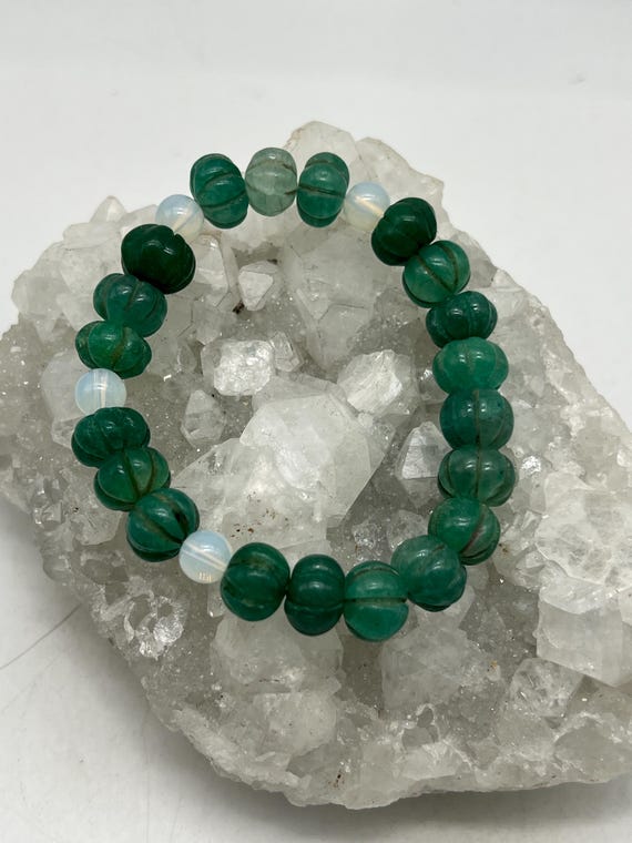 Carved Jade And Opalite Beaded Stretch Bracelet