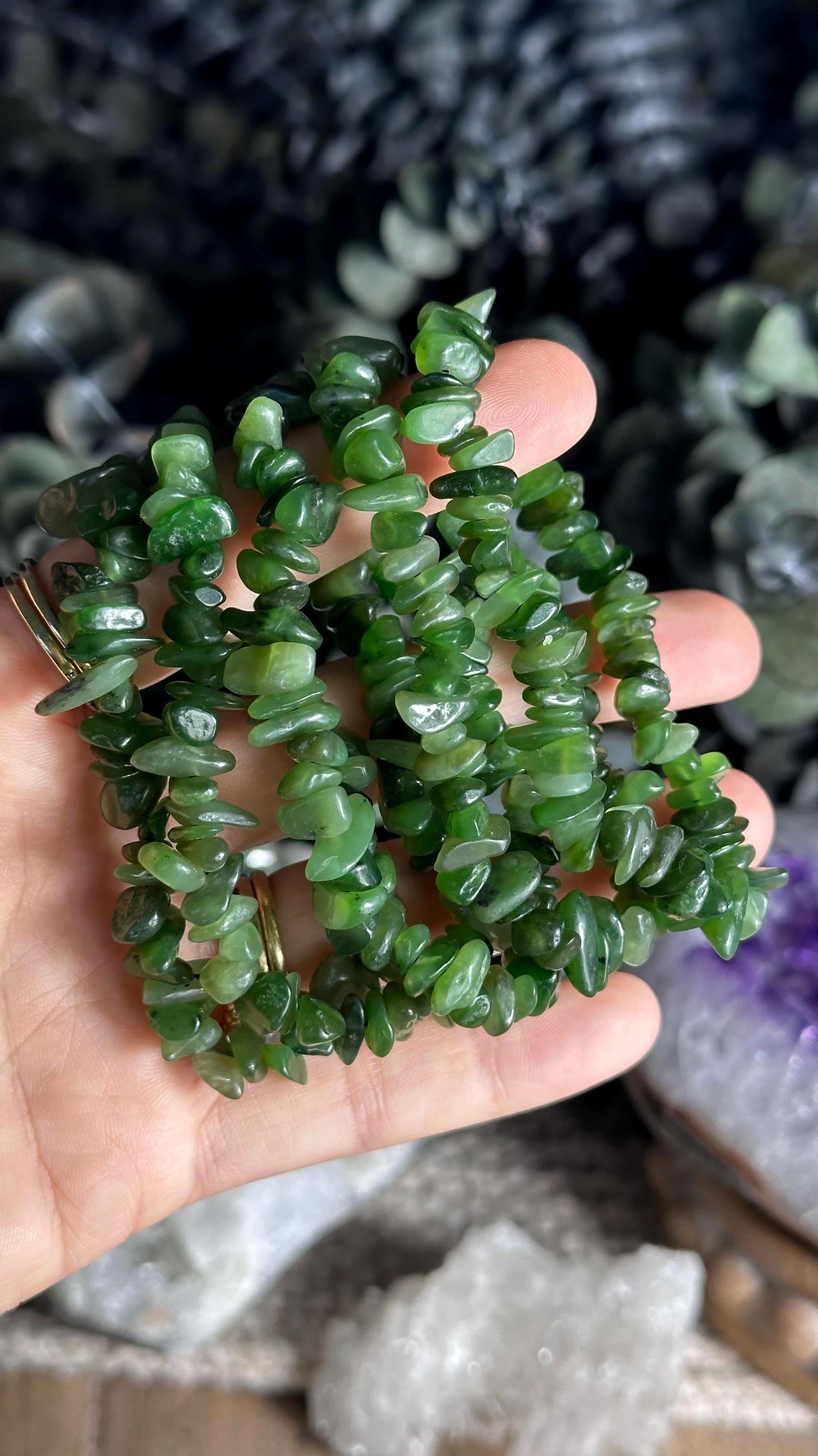 Chip Nephrite Jade Stretch Bead Bracelet, Tumbled Chip Stone