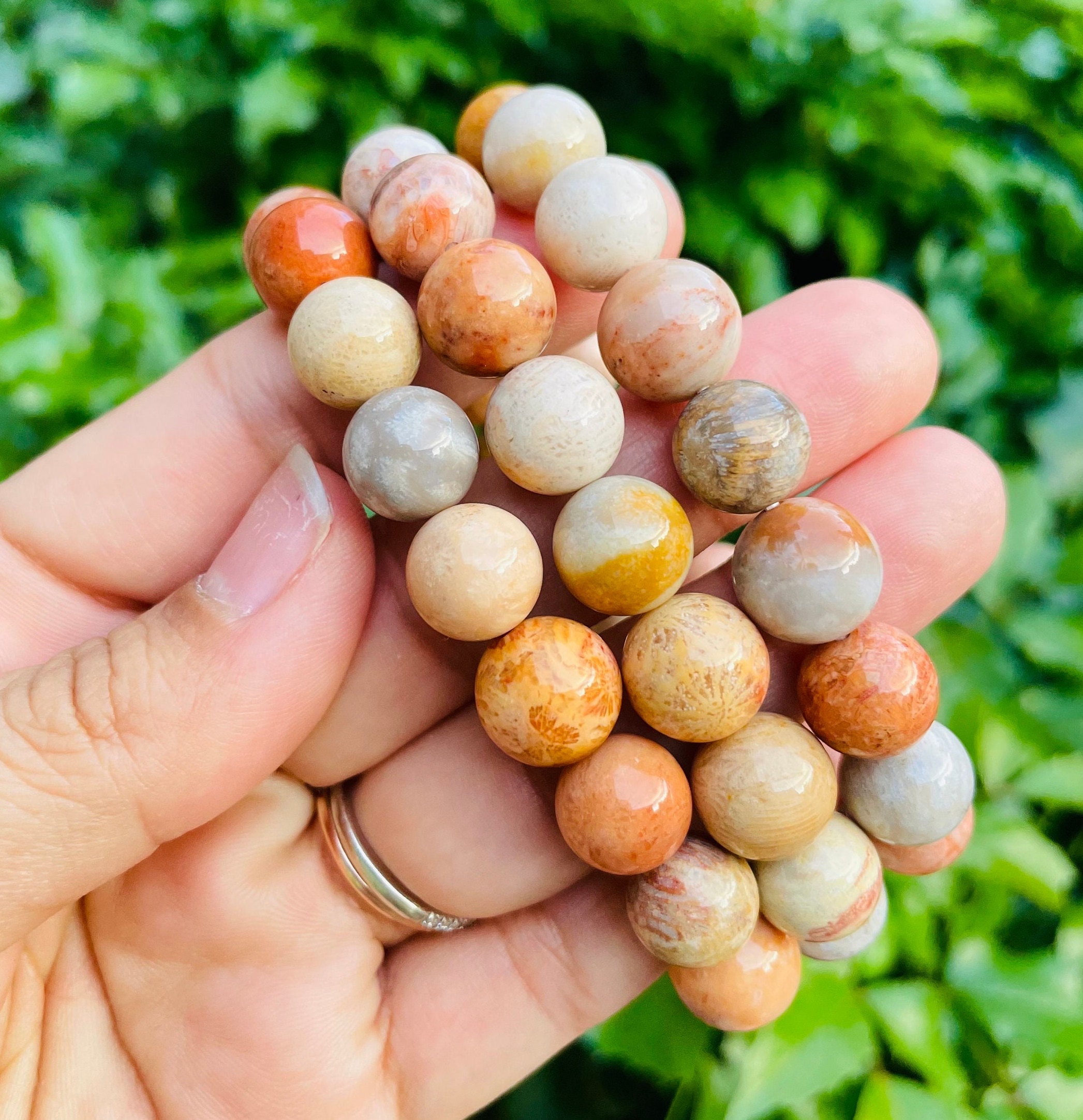 Coral Jade Crystal Bracelet: Round Gemstone Beaded Jewelry