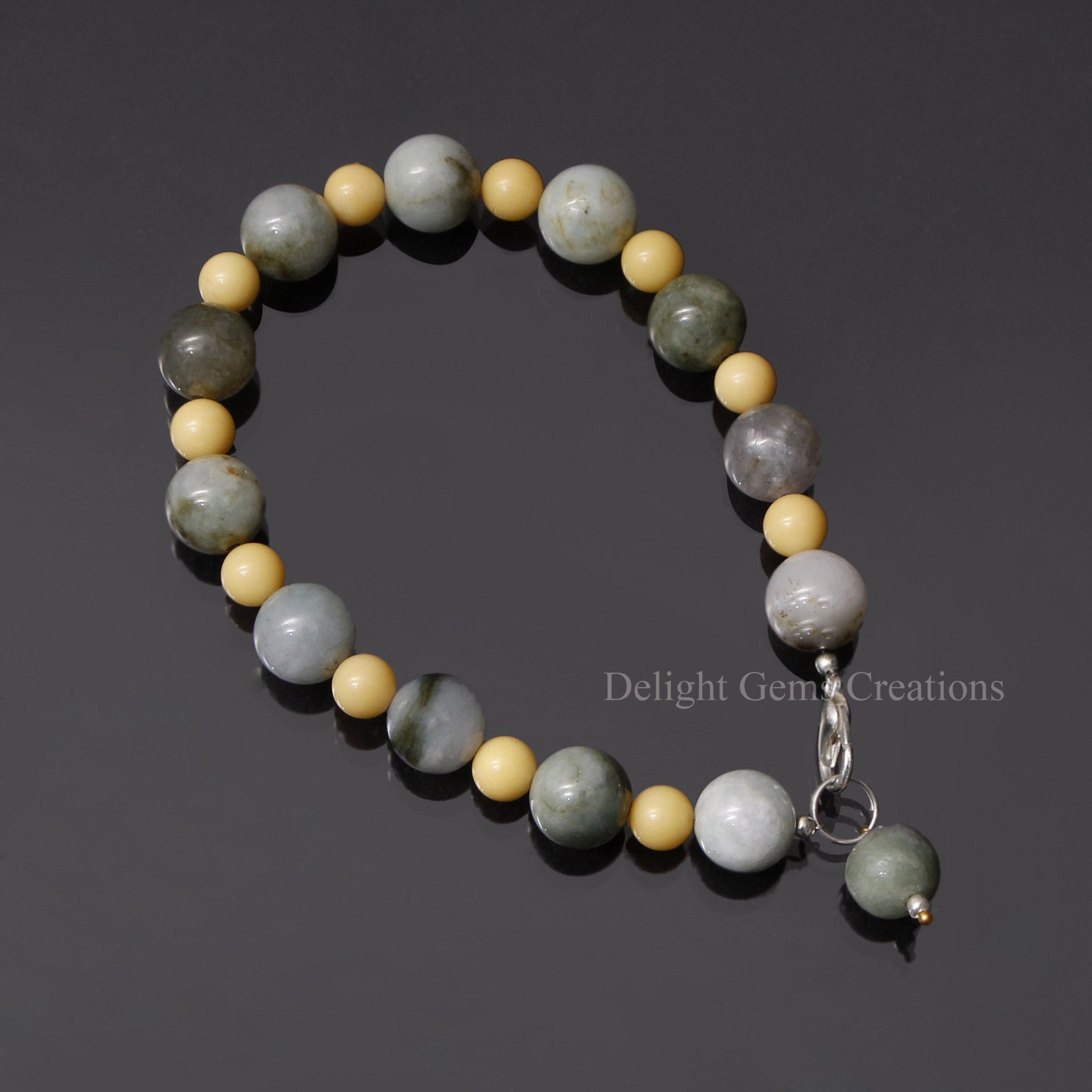 Dolomite And Jade Beaded Bracelet, Smooth Round Gemstone Bracelet