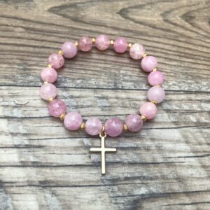 Elegant Pink Jade Beaded Cross Bracelet For Her - Ideal Christian Gift