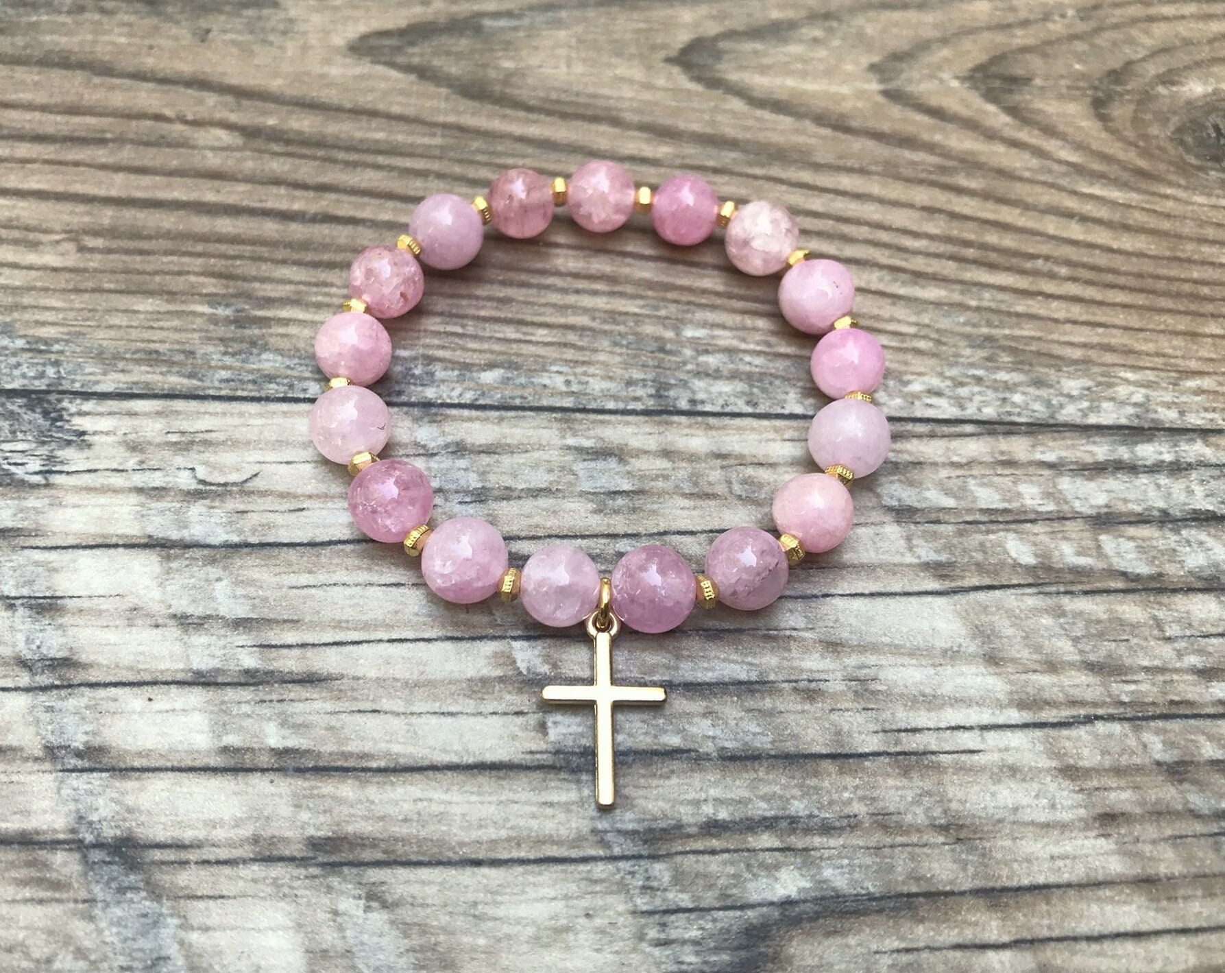 Elegant Pink Jade Beaded Cross Bracelet For Her - Ideal Christian Gift