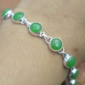 Green Jade 925 Sterling Silver Round Shape Gemstone Adjustable Bracelet