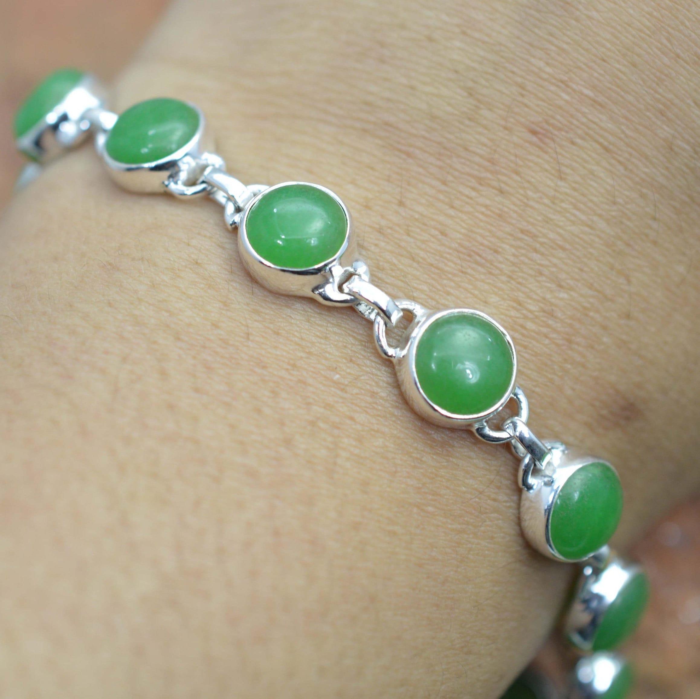 Green Jade 925 Sterling Silver Round Shape Gemstone Adjustable Bracelet