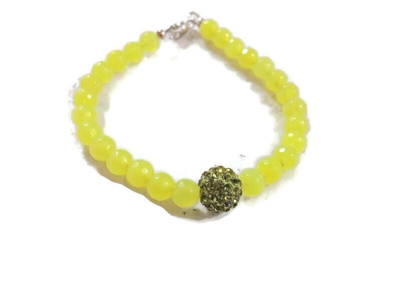 Handmade Yellow Jade Bracelet – Sterling Silver, Crystal Bead, 7.5 Inch