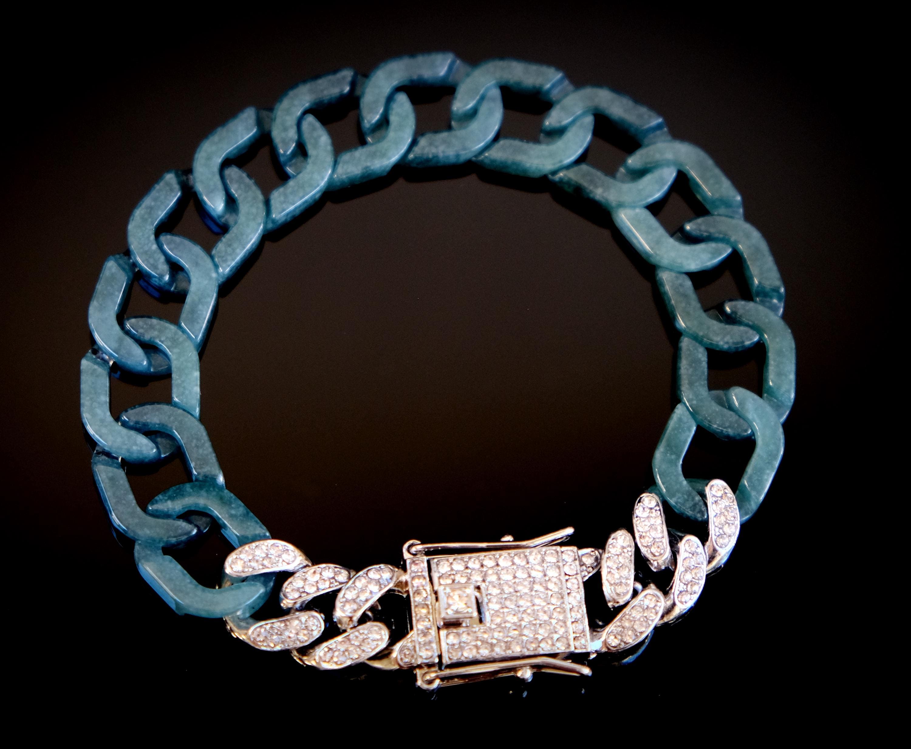 High-quality Blue Water Jade Cuban Link Chain Bracelet Translucent Guatemalan Jadeite Micro Pave Clear Cubic Zirconia Clasp