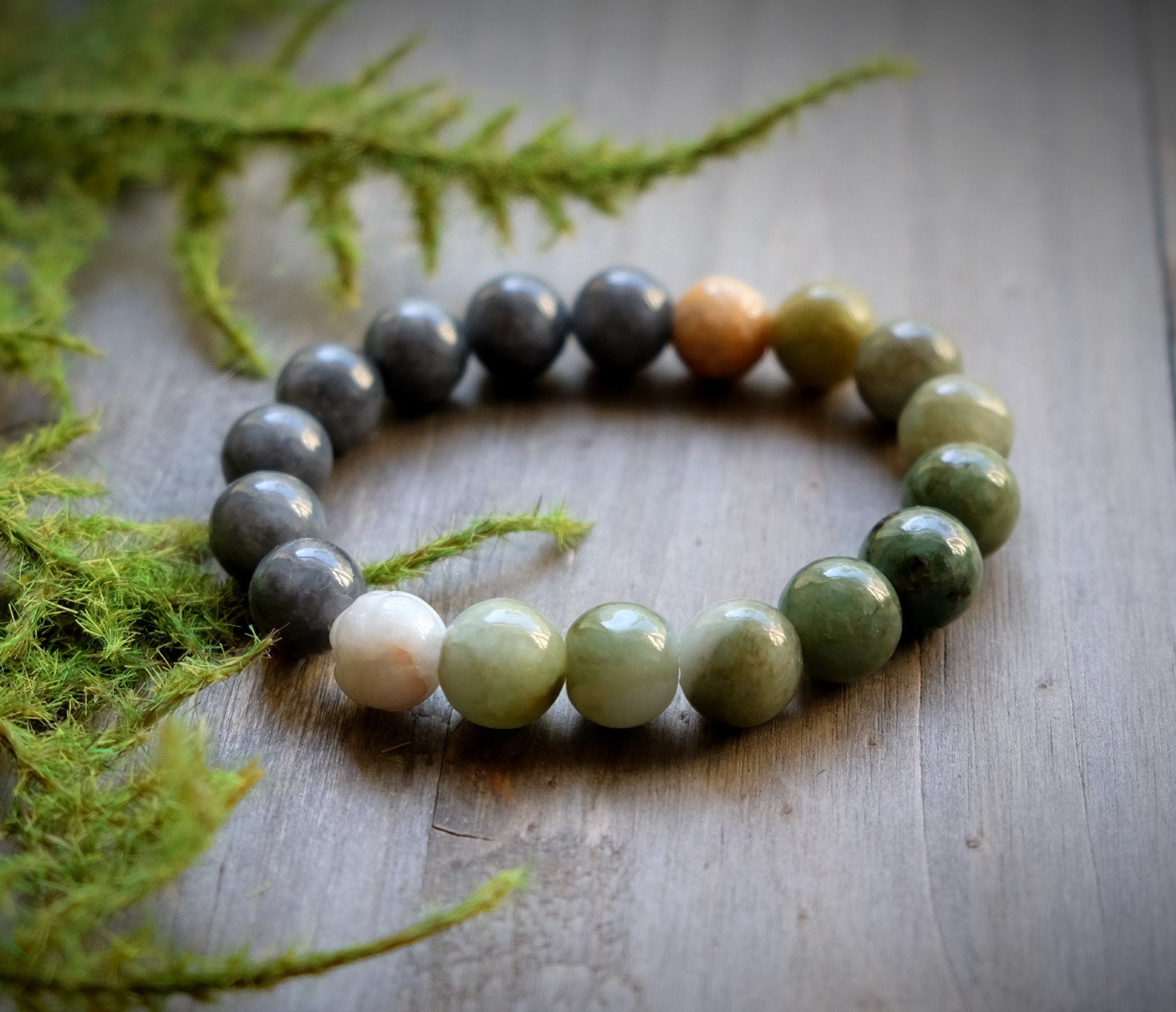 Multi-color Burmese Jadeite 10mm Gray, Light Green Natural Myanmar Jade Stretch Bracelet