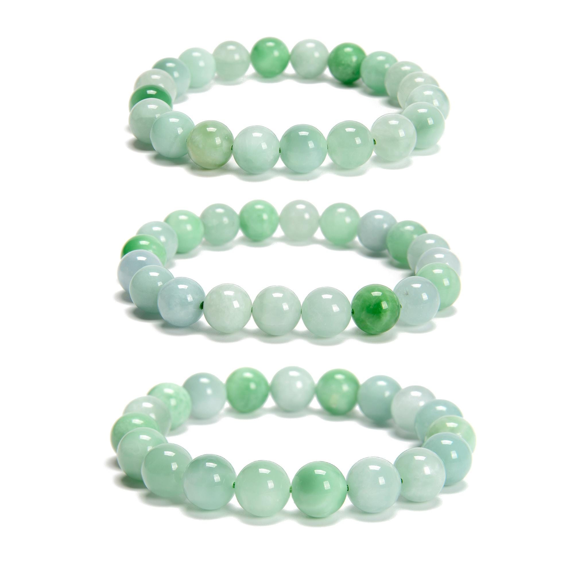 Multi-color Green Jade Smooth Round Beaded Bracelet 10mm 7.5'' Length 3 Pcs/set
